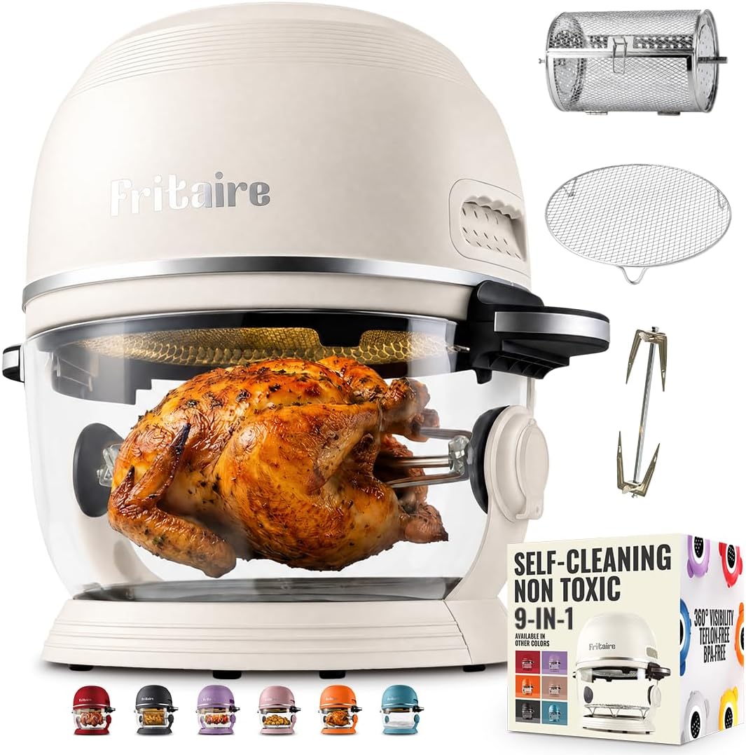 Non Toxic Air Fryerโข Pro | 9-in-1 Glass Air Fryer | Self-Cleaning | 5 Quart | Rotisserie and Tumbler | 400F Vortex For Even Cooking, BPA-Free Teflon Free, Recrisp, Roast, Bake, White