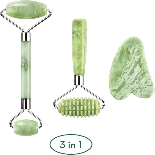 Miniatura 2 de Kimkoo Juego de rodillos de jade para la cara 3 en 1 Con herramienta para masaje facial Piedra de jade 100% auténtica natural Rodillo facial