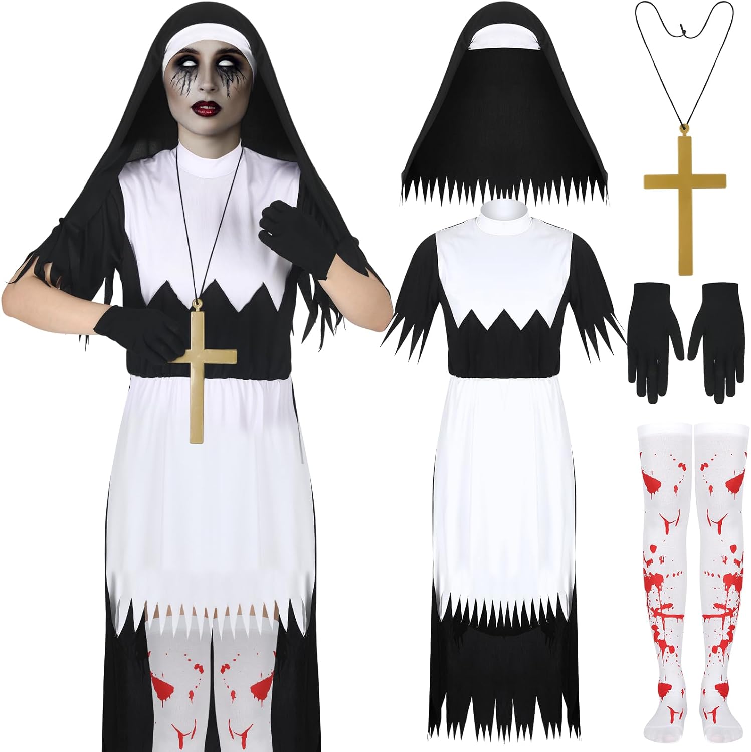 Foaincore 5 piezas de disfraz de monja de Halloween para mujeres adultas, traje de monja aterradora, medias sangrientas, guantes de cruz dorada para