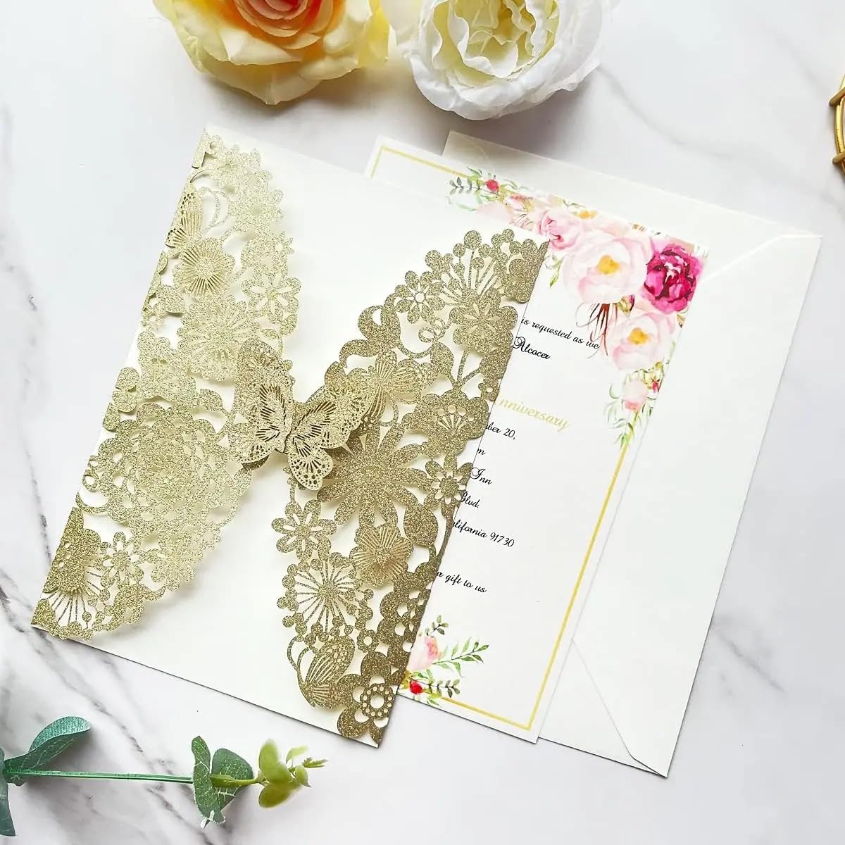 Inviti Matrimonio 5,12 X 7,3'' 50 pezzi Champagne Flora biglietti d'invito for matrimonio con farfalla e buste(Champagne Glitter)