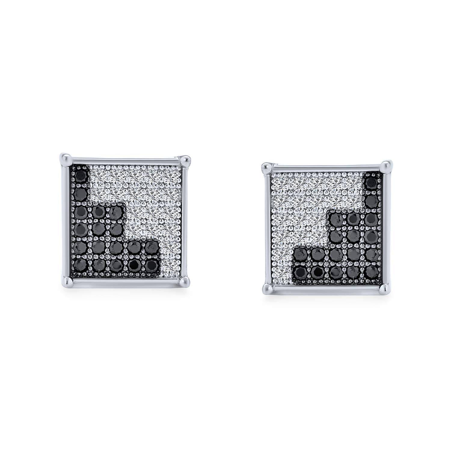 Pendientes de botón de plata de ley con diseño geométrico de dos tonos en negro o azul y blanco con zigzag y micro pavé de circonita cúbica CZ para hombres.