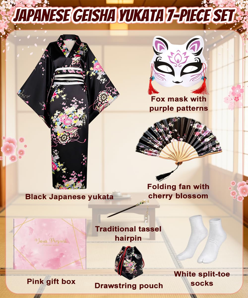 Geisha Yukata Japanisch, Kimono Robe Frau Satin mit Haarnadel, Faltfächer und Tasche, Traditioneller Japanischer Bademantel für Cosplay und Karneval