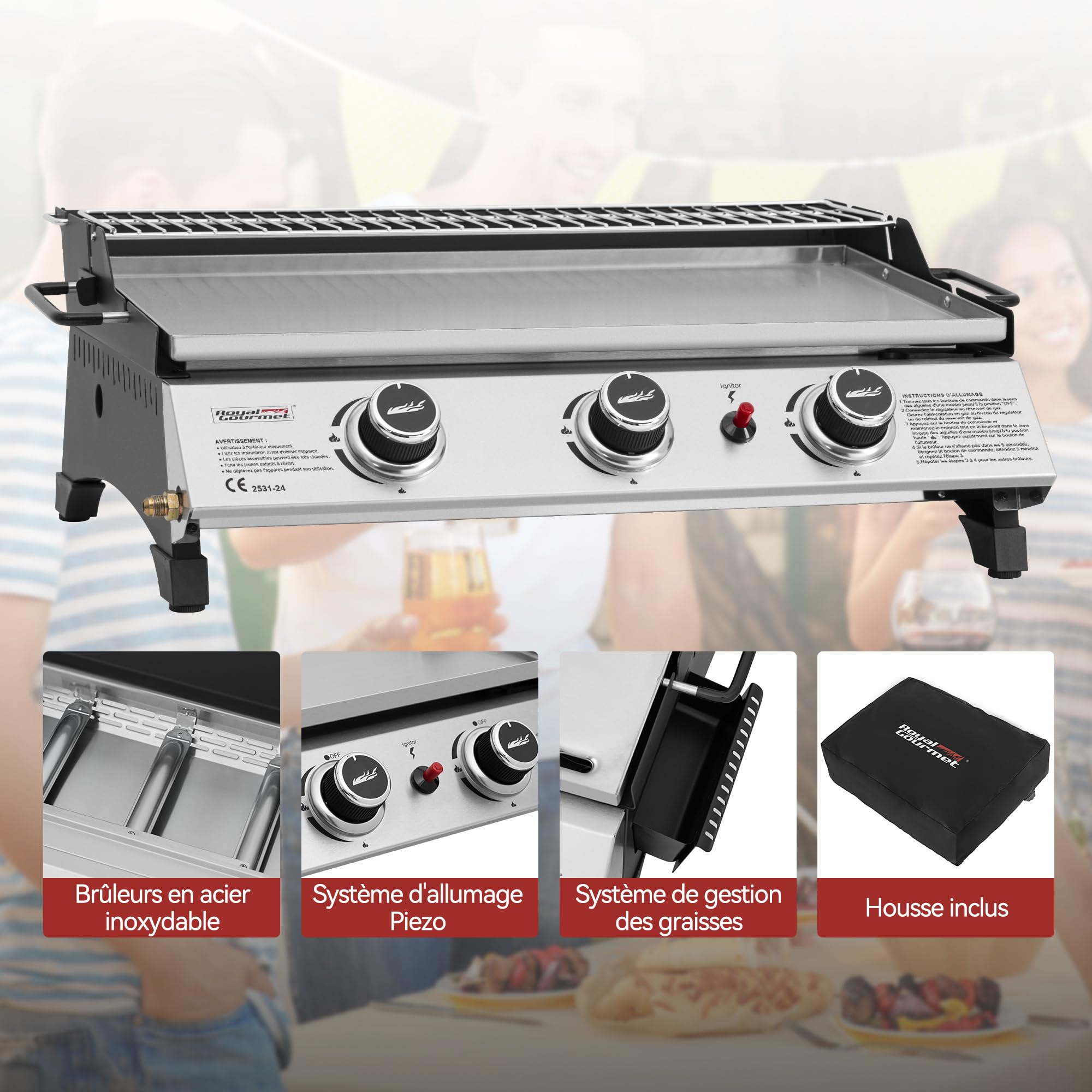 Royal Gourmet Plancha Gaz Propane en Acier Inoxydable, 3 Brûleurs Puissance 7.5kW, Surface Cuisson 61,5 x 32cm avec Grille de Réchauffage, Adapté pour Le Camping et l' Extérieur, Argent