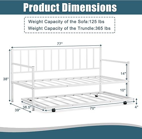 Miniatura 2 de Giantex Sofá cama individual con nido, sofá cama de metal tamaño individual con nido extraíble con 4 ruedas, sofá cama con soporte de listones de