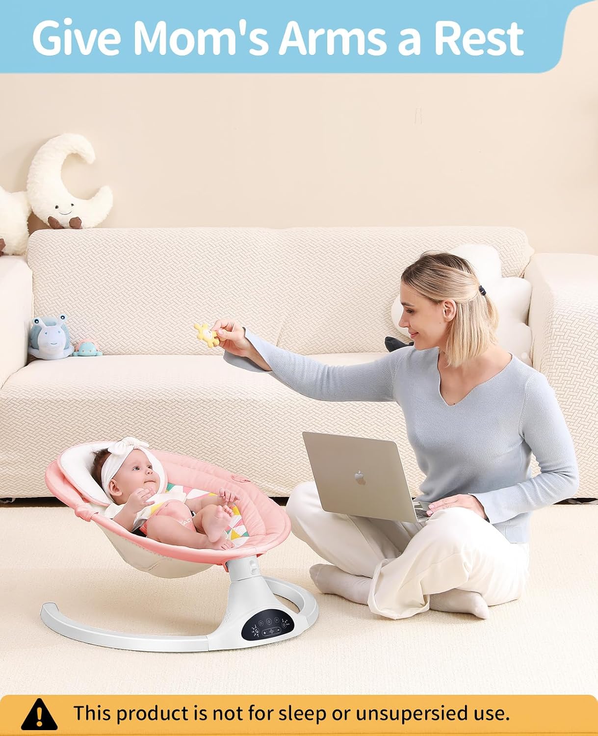 LAREX Baby Swing Electric Bluetooth Infant Swing Portable Rocker with 5 Speeds, 1 Seat Position, Remote Control, Pink