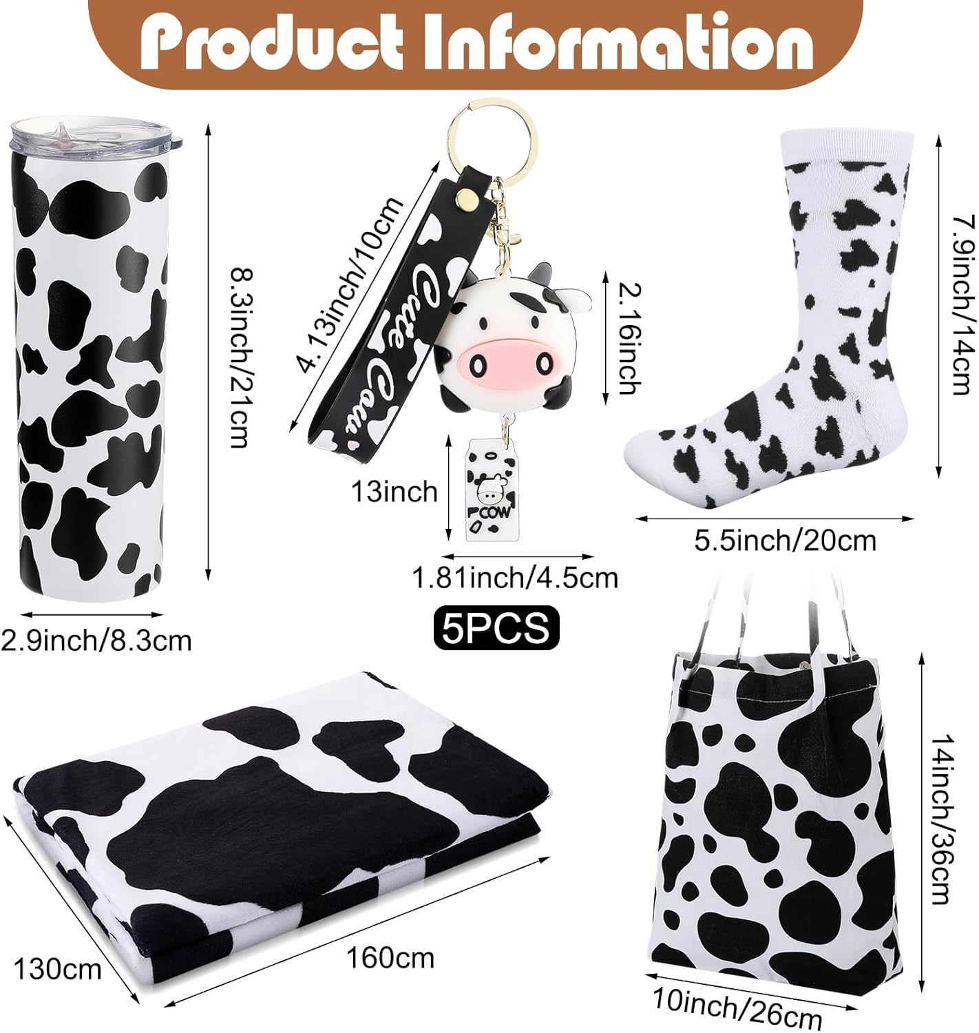 Yaomiao 5 Pcs Cow Gifts Set for Women: 20 oz Cow Pattern Stainless Steel Tumbler with Lid, Straw, Tote Bag, Warm Throw Blanket, Keychain, Animal Pattern Socks (Black White) - Image 2