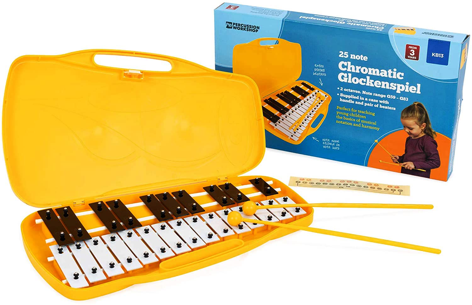 Glockenpiel Carrillón Metalófono Xilófono FOREST PERCUSSION KB13 Cromático, 25 Teclas Negras y Cromadas con Estuche y Mazas - Rockmusic España