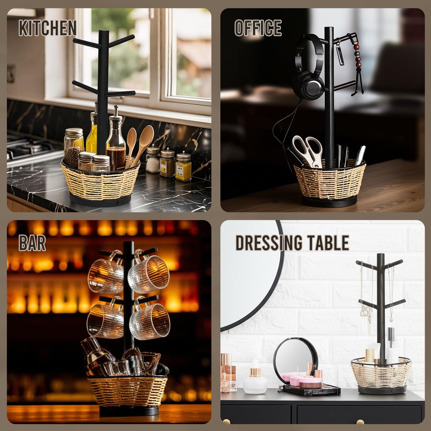 Soporte para tazas de madera con cesta tejida, 6 ganchos, soporte para tazas de café, árbol de taza de encimera para encimera de cocina, gabinete, accesorios de cafetería, organizador de exhibición de