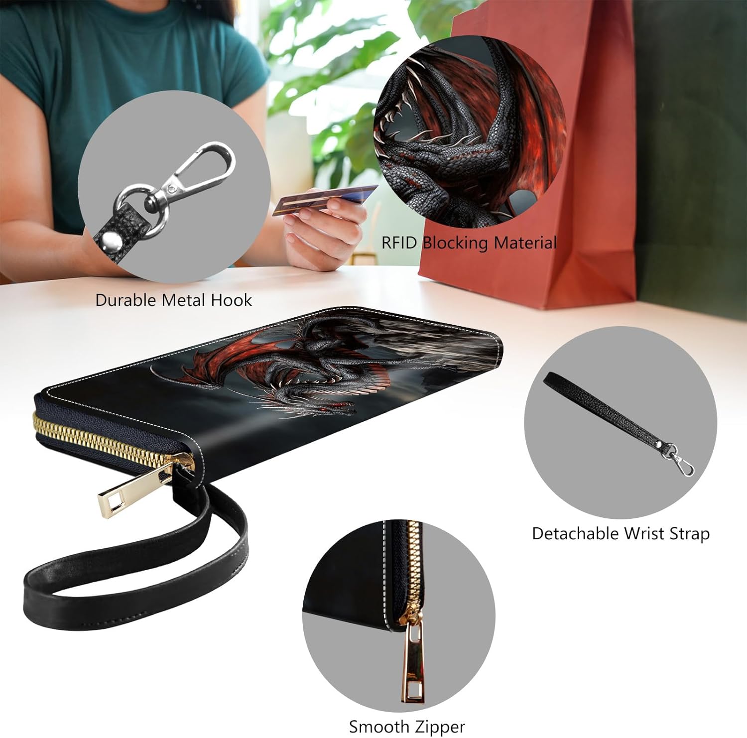 Womens Wallet, PU Leather RFID Cute Wristlet Wallets for Girls Women Ladies Purse Large Credit Card Clutch Purse Card Holder Coin Pocket Travel Wallets with Zipper, Dragon - Image 5