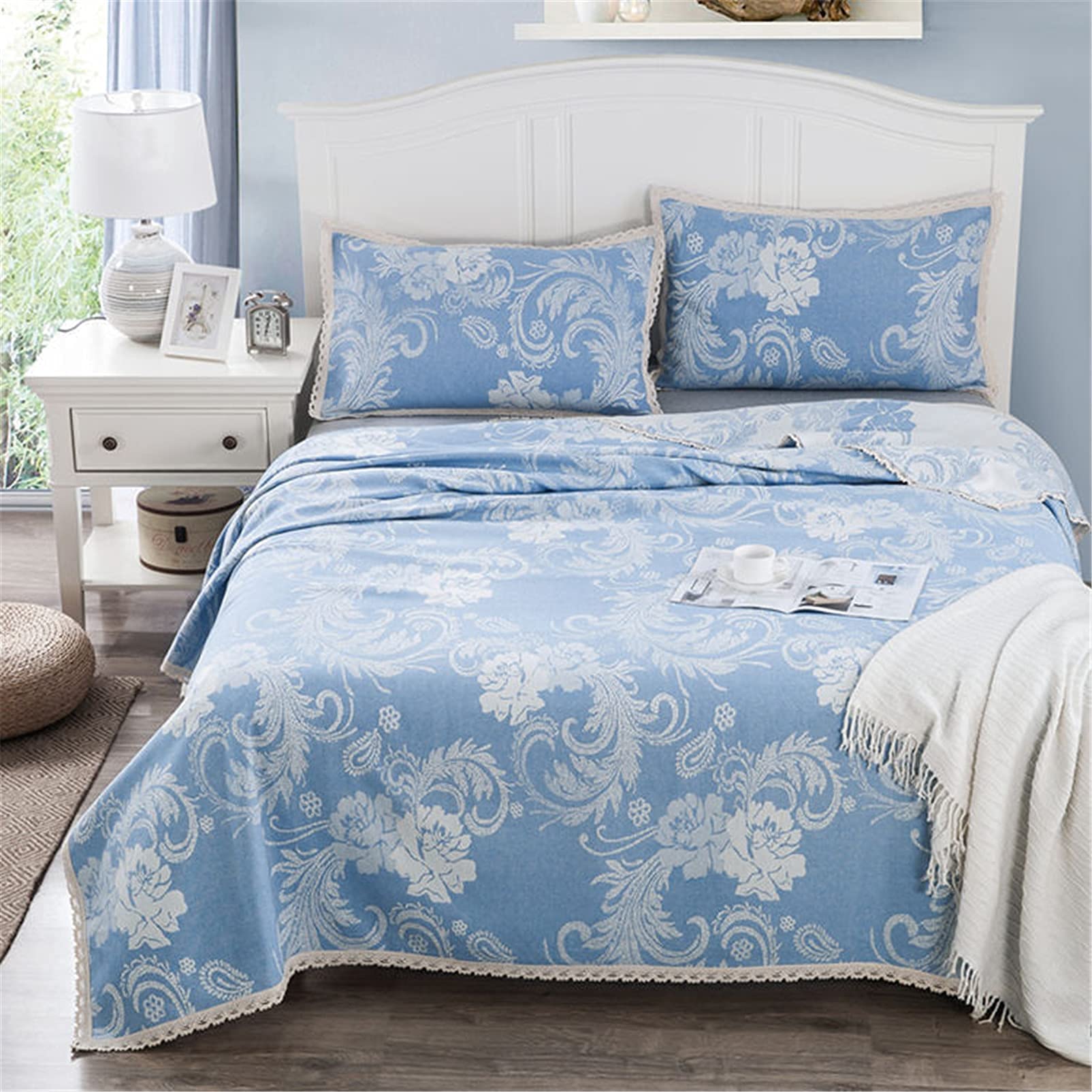 Parure de lit bleu avec couvre-lit matelassé en lin et 2 taies d'oreiller 180 x 220