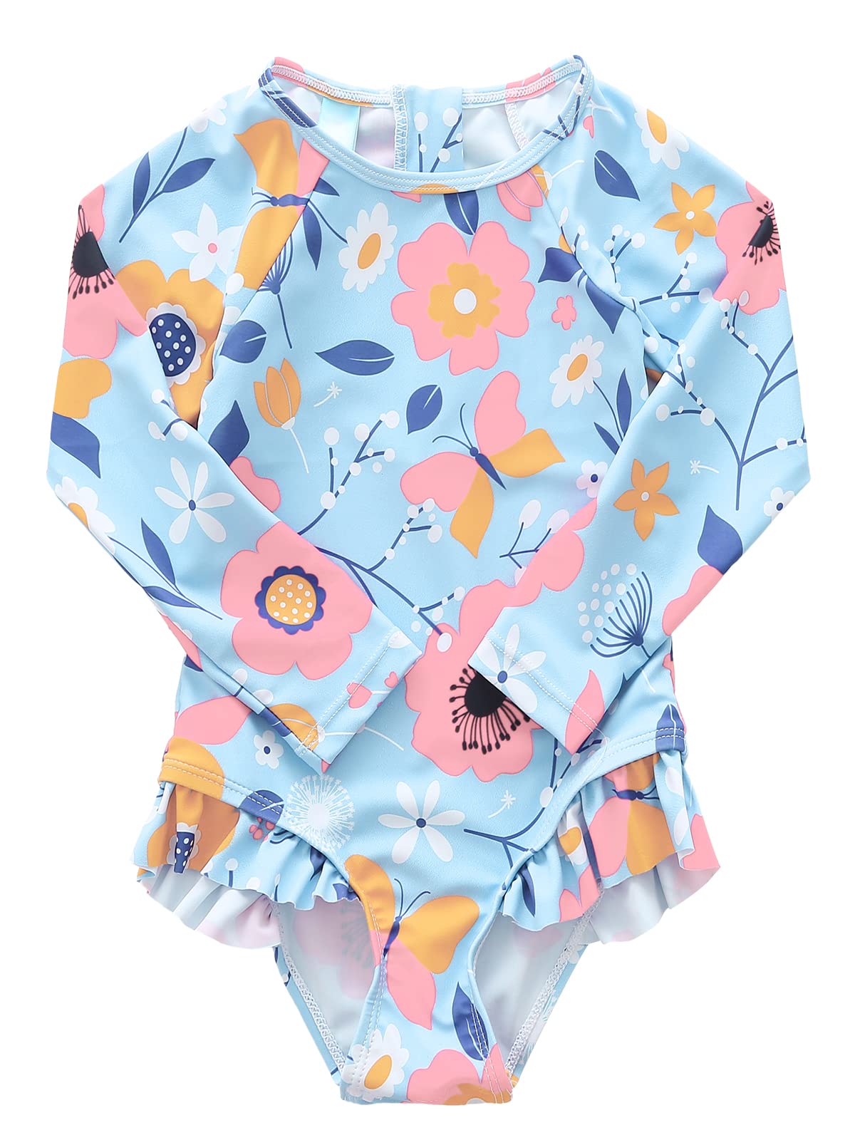 Baby Girls One Piece Swimsuits Long Sleeve Rash Guard Zipper Back Bathing Suit Sun Protection UPF 50+