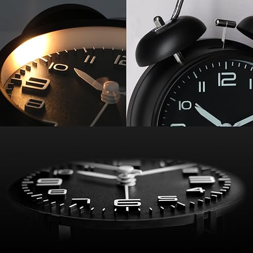 Miniatura 4 de Betus Reloj despertador de doble campana sin tictac, esfera 3D de marco de metal con función de retroiluminación, reloj de mesa de escritorio para