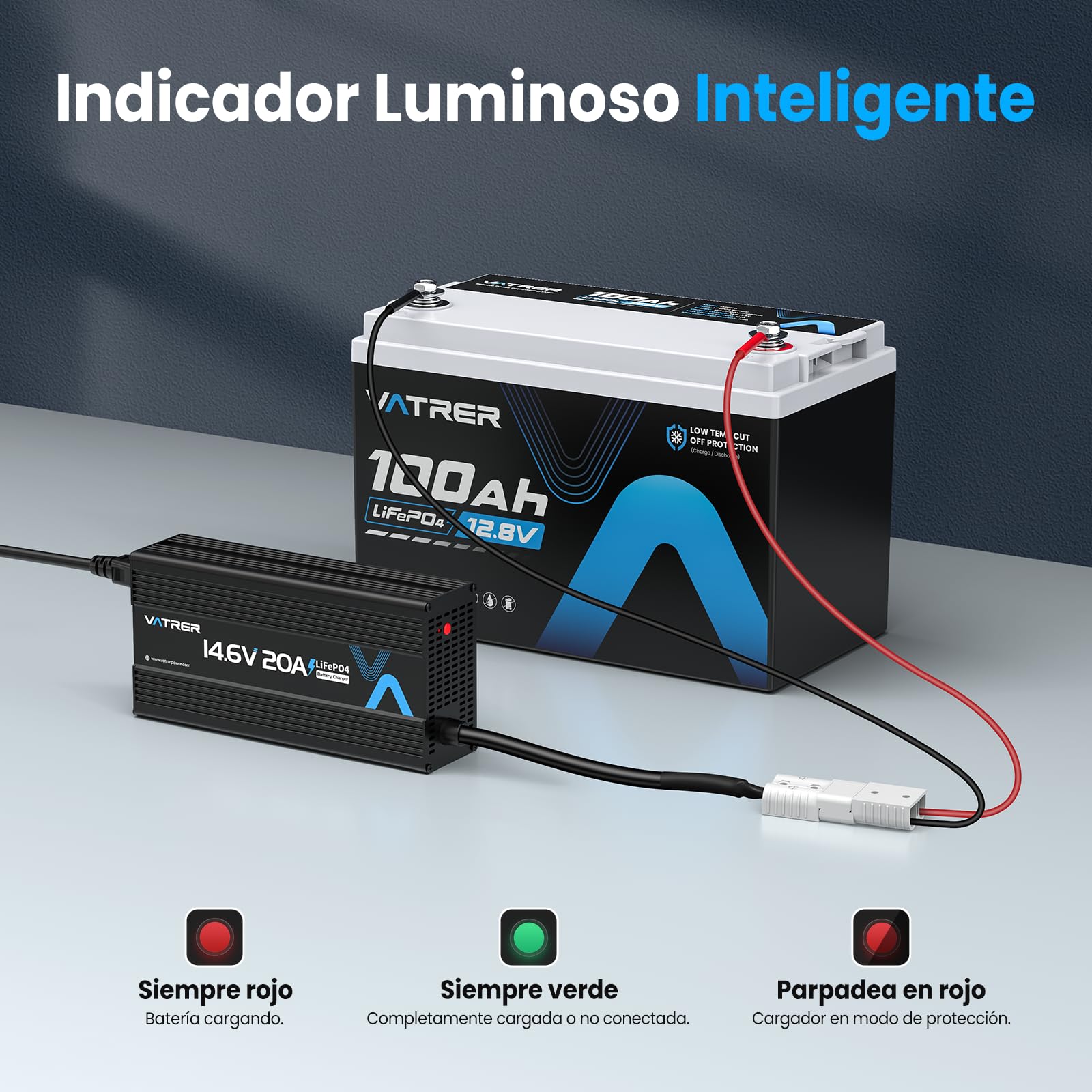VATRER POWER 14.6V 20A Cargador de Batería de Litio Inteligente AC-DC Cargador de Batería LiFePO4 para Cargar Baterías LiFePO4 de 12V, Ventilador de Enfriamiento Incorporado, con Indicador LED