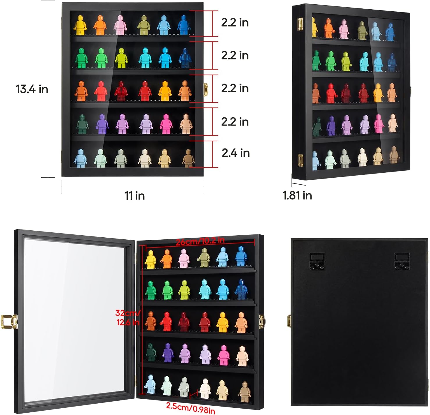 TJ.MOREE 5 Tier Minifigure Display Case for Collectibles Wall Mount Black | 11 x 13.4 inches, Adjustable Shelves, Holds Up to 40 Mini Figures