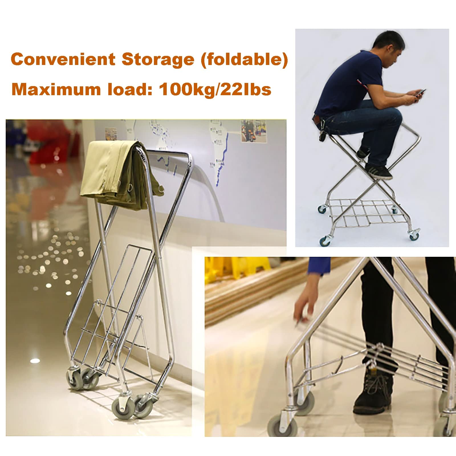 Carro de lavandería con ruedas Cesto de lavandería plegable para trabajo pesado, con marco de acero inoxidable Bolsa Oxford impermeable plegable para el hogar del hotel, Cestas de lavandería de carga