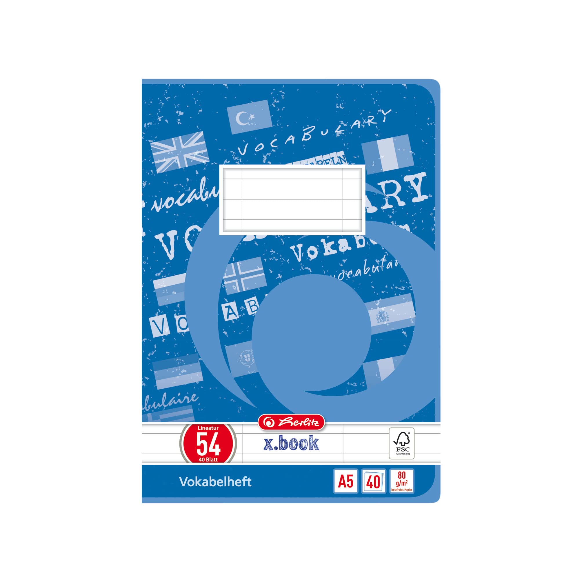 Herlitz Vocabulary Book A6 60 Sheets FSC Mix A5, 40 Sheets, Ruling 54 a4