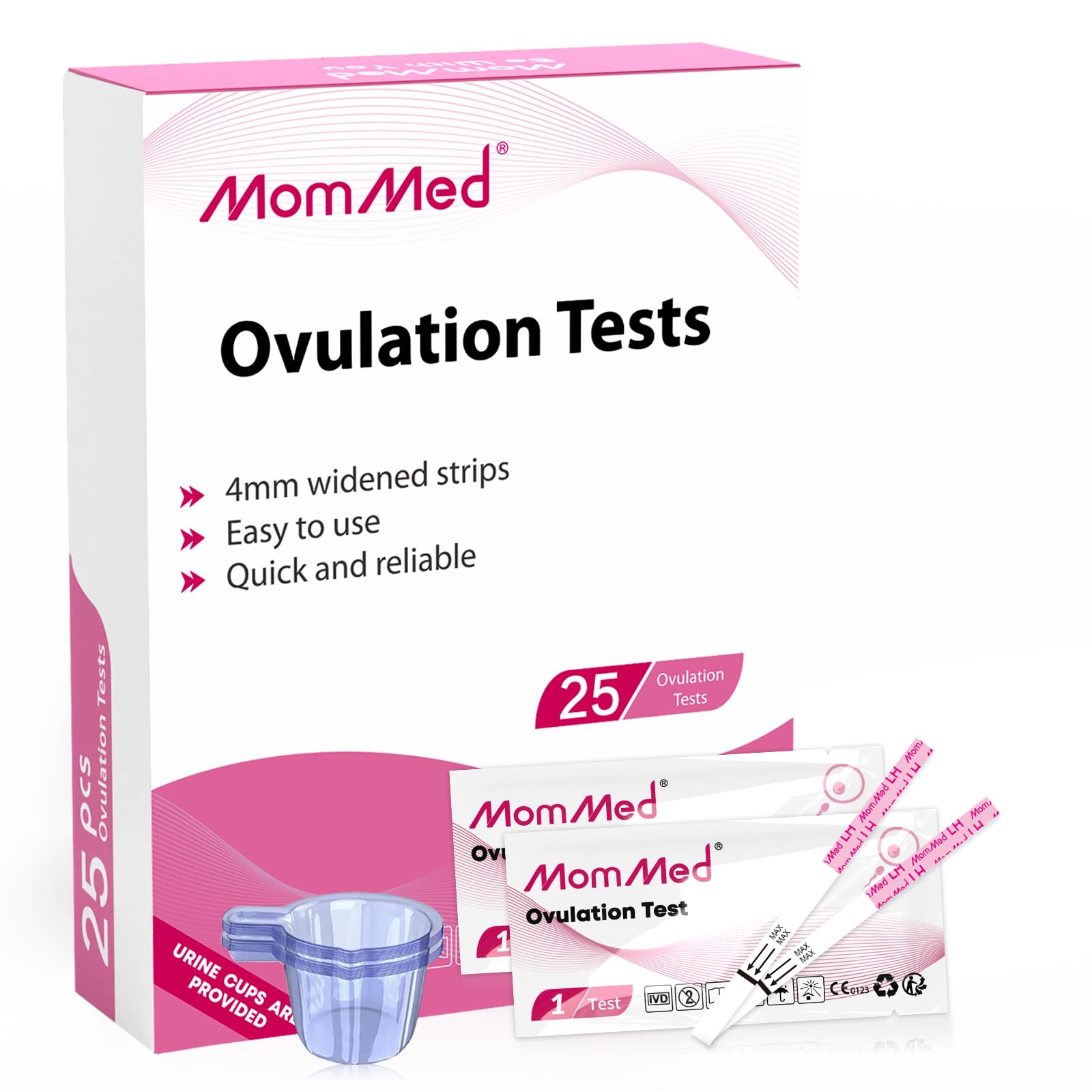MomMed Ovulation Test Strips (LH25) with 25 Collection Cups, Reliable LH Surge Predictor OPK Kit, Accurately Track Ovulation Test, High Sensitivity Result for Women Home Testing, Pink