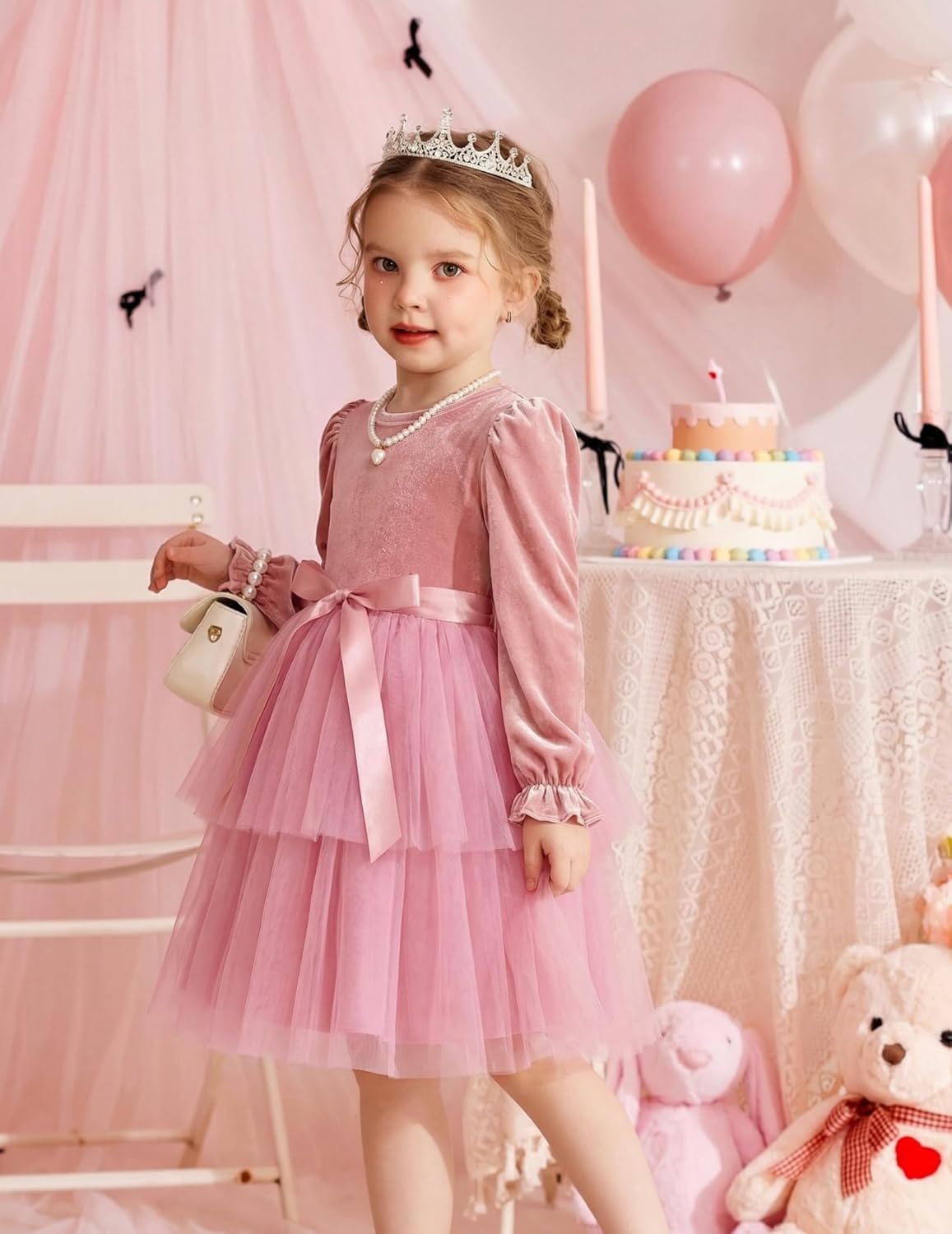 Arshiner Girls Velvet Tutu Dress Toddler Puff Long Sleeve Tiered Tulle Fall Winter Party Dresses with Ribbon - Image 6