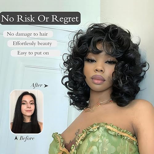 Miniatura 2 de Pelucas Cortas y Rizadas para Mujeres Negras, Peluca Rizada Grande Negra Suave con Flequillo, Rizos Afro Crespos, Resistente al Calor, Peluca