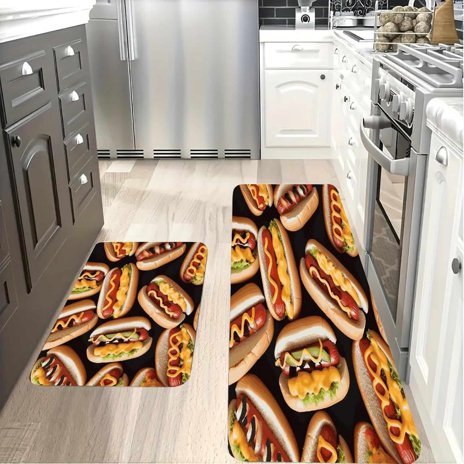 Fun Food Hot Dogs Kitchen Mats with 2PCS Non-Slip Washable,Kitchen Rug Heavy Duty Durable, Floor Mats for Kitchen,Office,Sink,Laundry
