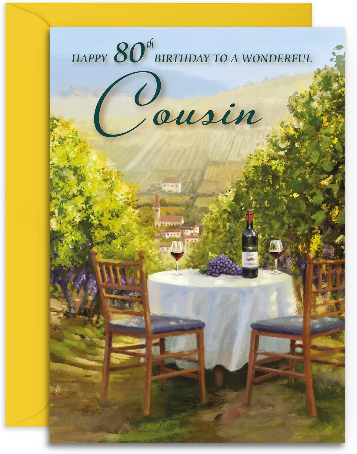 Olivia SamuelCousin 80th Birthday Card from - Sunshine and Wine - Gloss Medium Sized Card (A5 Size -148mm x 210mm) with Peel and Seal Envelope