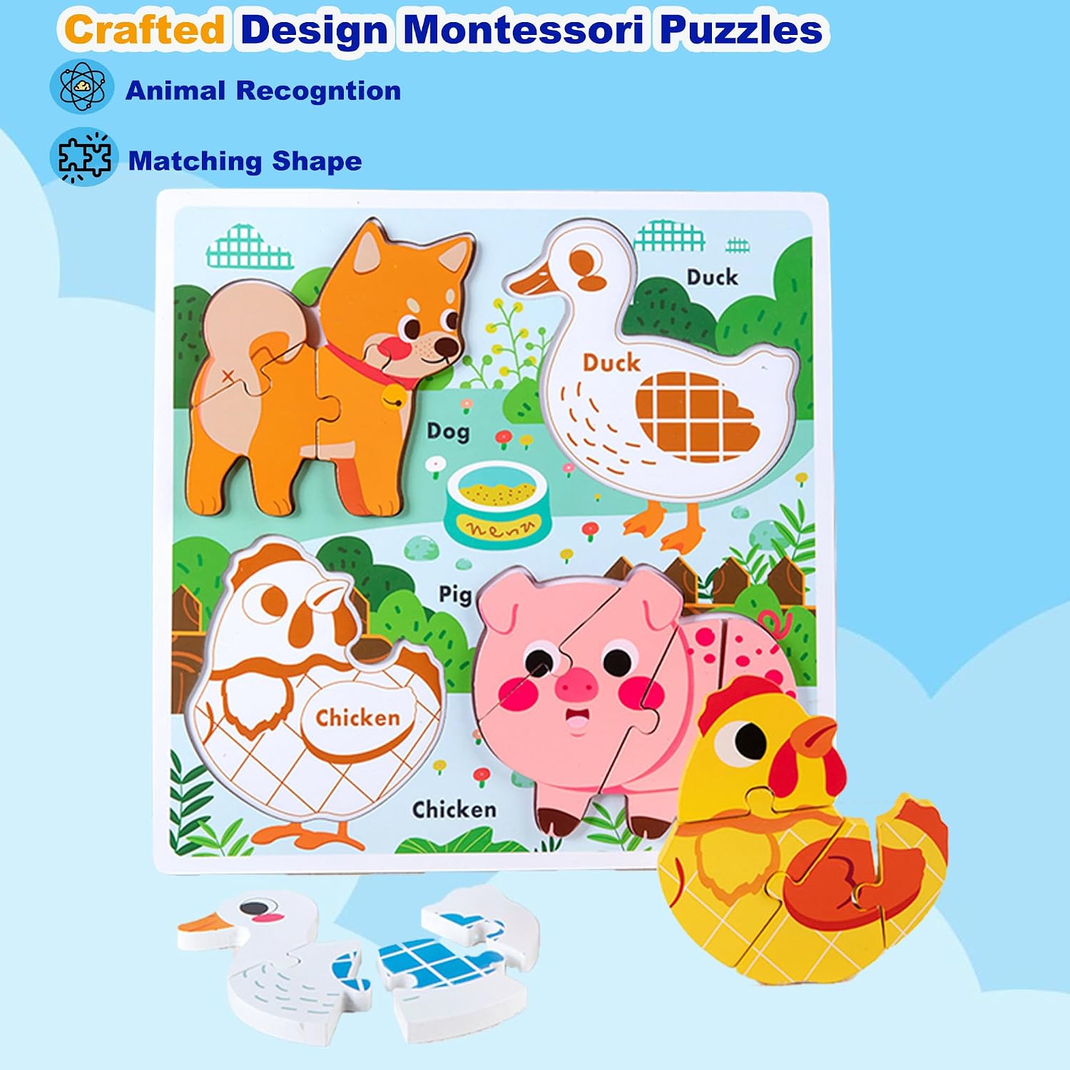 Learning Farm Animal Jigsaw Puzzles for Toddlers, Gifts for 2 3 Years Old Girls Boys,Wooden Montessori Puzzle 2-4, Toddler Toys Educational Toys Kids Ages 1-3