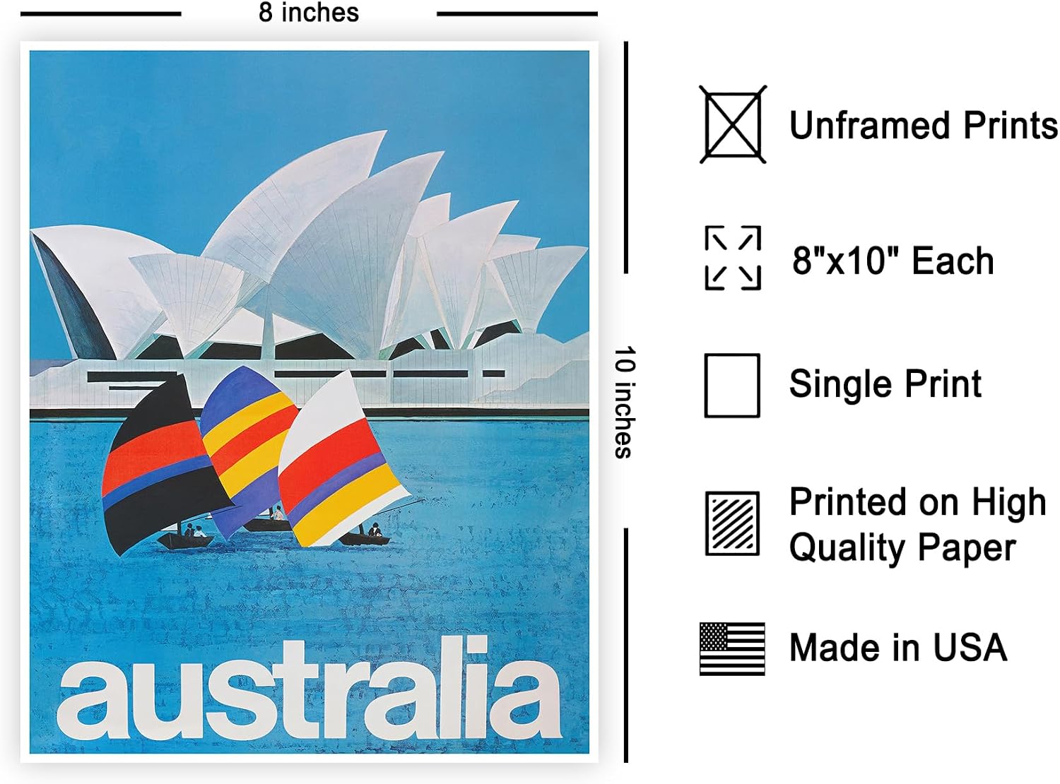 Poster Master Vintage Travel Poster - Retro Australia Print - Sydney Opera House Art - Great Gift for Men, Women, Travel Lover - Chic Decor for Bedroom, Ocean or Beach House - 8x10 UNFRAMED Wall Art