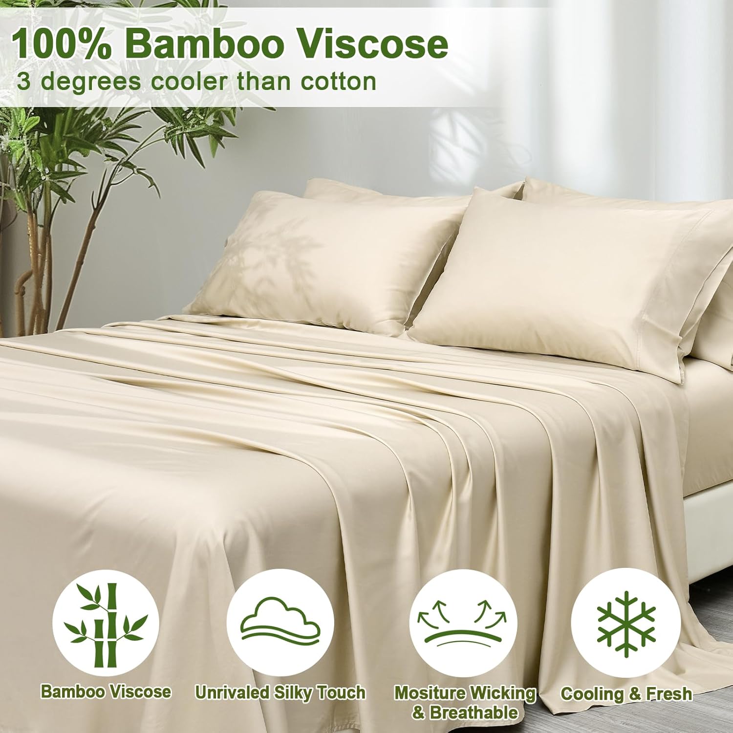 PHF 6PCS 100% Rayon Derived from Bamboo_ Sheets Set Queen Size, Cooling Sheets for Hot Sleepers, Wider Elastic Band & 16" Deep Pocket, Luxury Silky Soft Breathable Bedding Set & Pillowcase, Natural