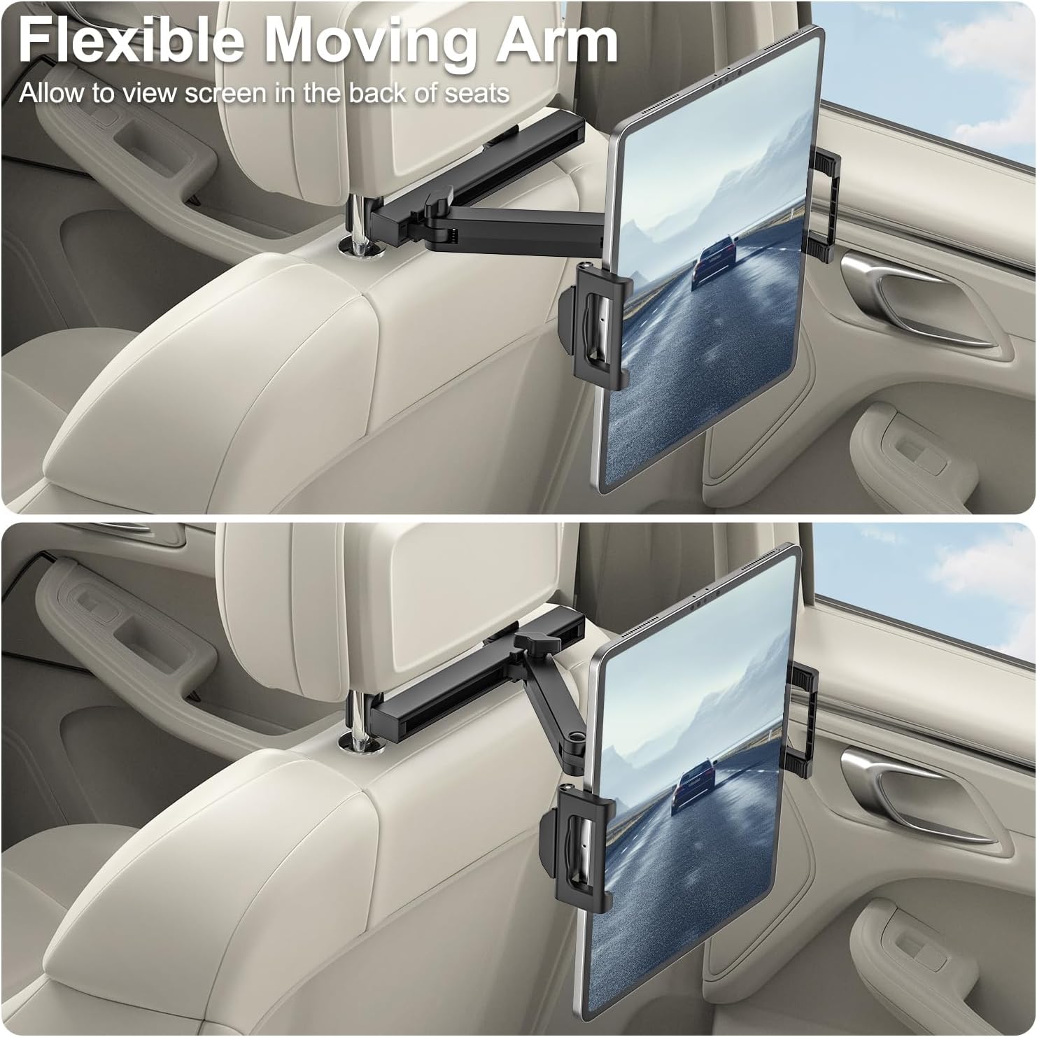 Car Seat Headrest Tablet Holder, [Mobile Folding Arm] Back Seat Tablet Mount for Road Trip, Fit Thickness Case (Deep Max 1.18'') for iPad Pro 12.9/ Air/Mini, Galaxy Tab, All 6.1-15.6" Devices