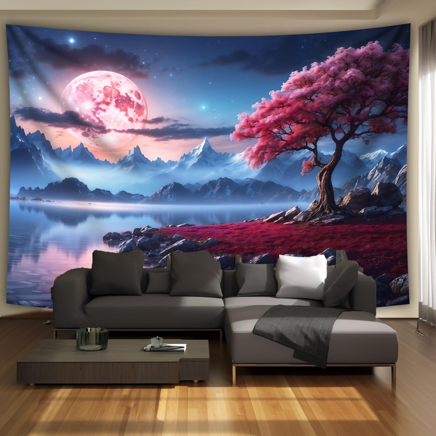 Tapiz grande de cerezo en flor con lago de la luna, fondo con paisaje de cielo nocturno de ensueño, tela de poliéster para colgar en la pared, para dormitorio, sala de estar, decoración de fiestas