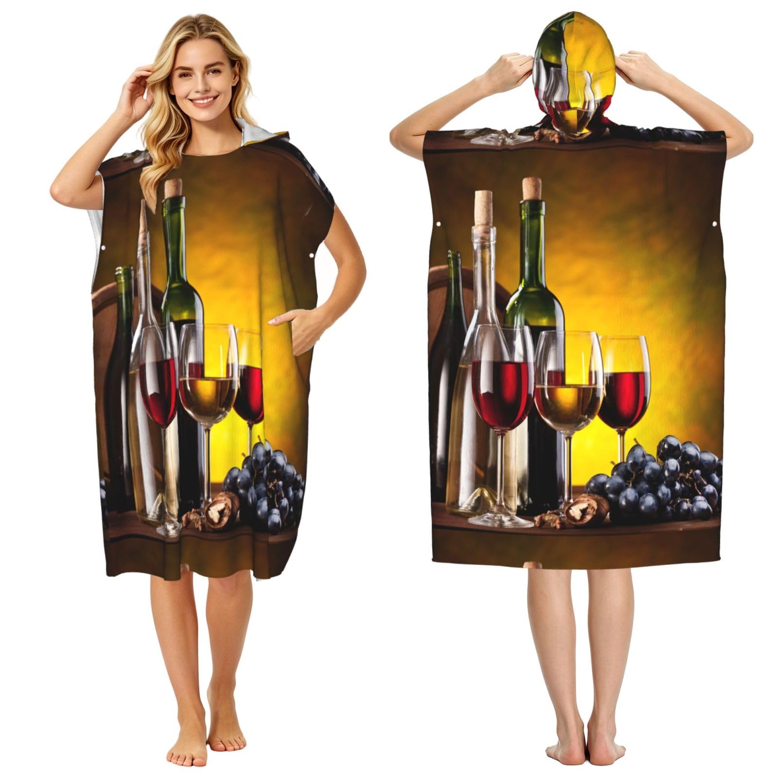 Poadnly Grapes Wine Bottles And Drink, Adult Hooded Beach Towel 90 x 110 cm,Changing Bath Robe, Surf Poncho Towel For Women Men