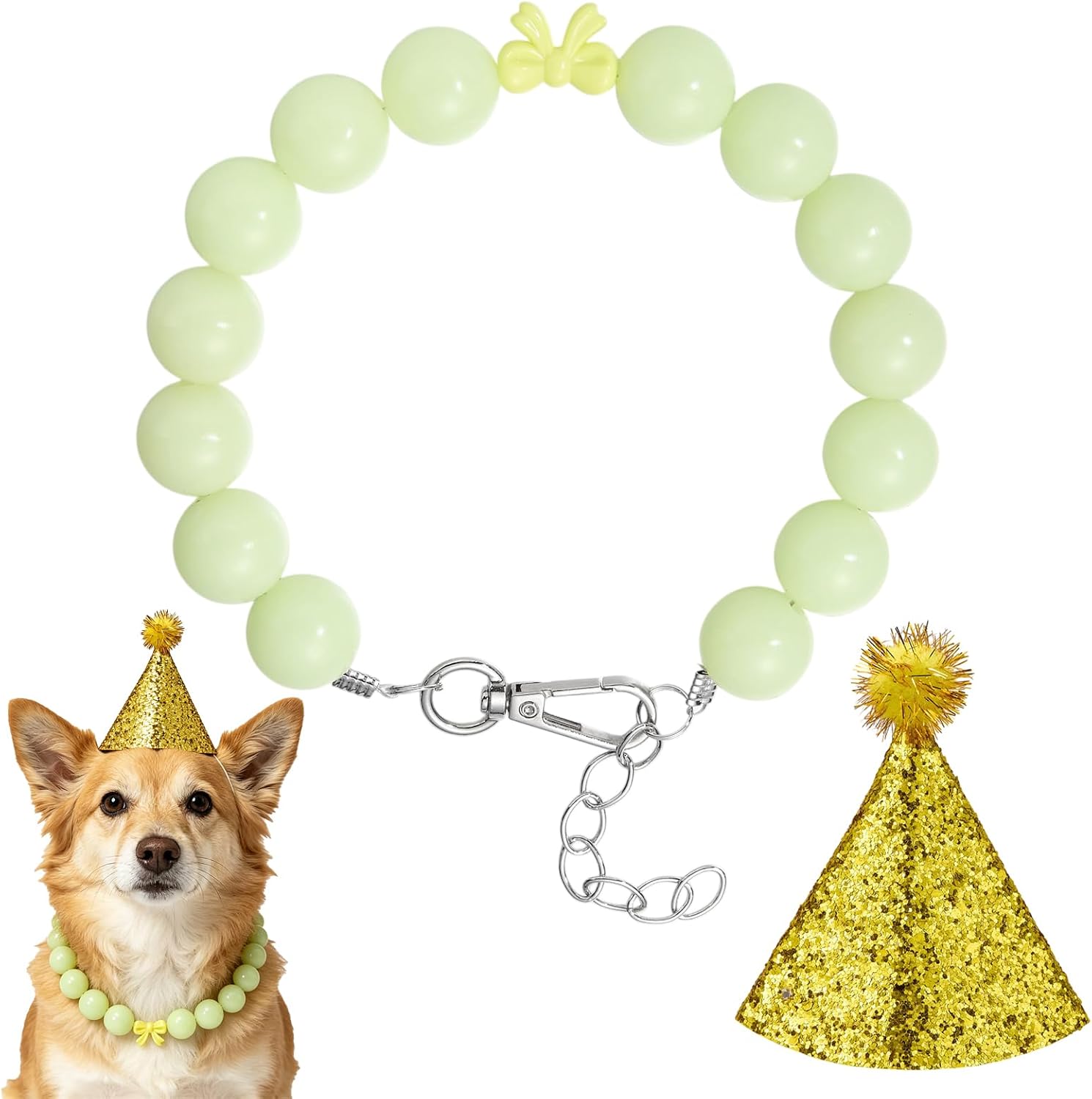 Ornaland Luminous Beaded Dog Necklace Collar with Birthday Hat, 14.72 in