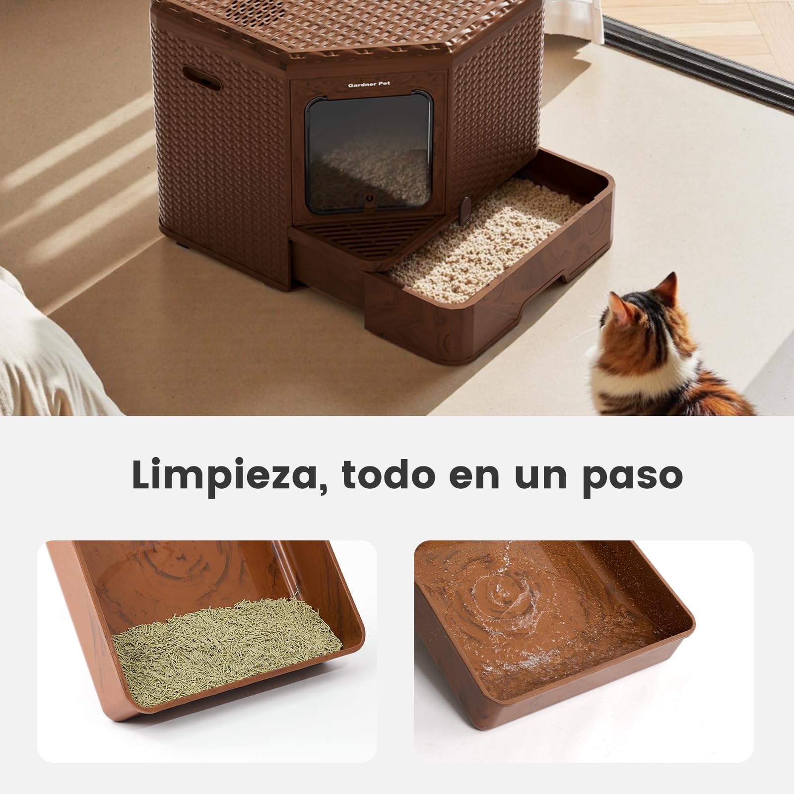Gardner Pet Arenero Gato Cerrado, Color Madera Oscura | Fondo Extraíble, Diseño Estilizado, Material PP Reciclable, Filtración Anti-Olores,Dimensiones 50x50x50 cm