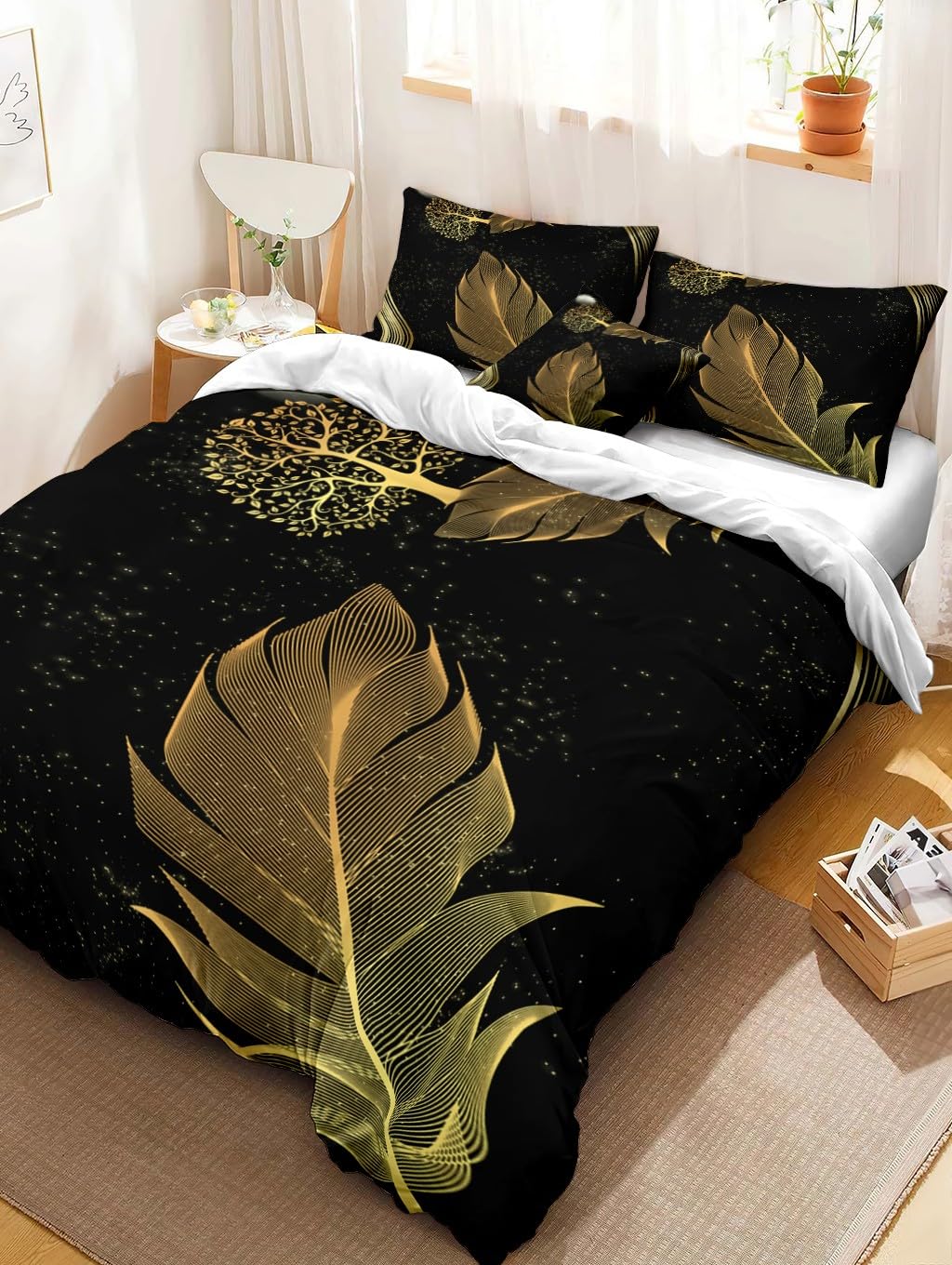 Housse de couette 220x240 parure de lit enfant microfibre feuilles d'or 3D