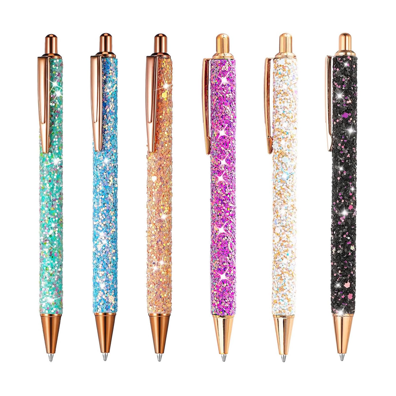 Rnigra Sparkly Pens 6PCS Pretty, Retractable Black Biros for Students, Children, Adults, School, Office, Home, Drawing