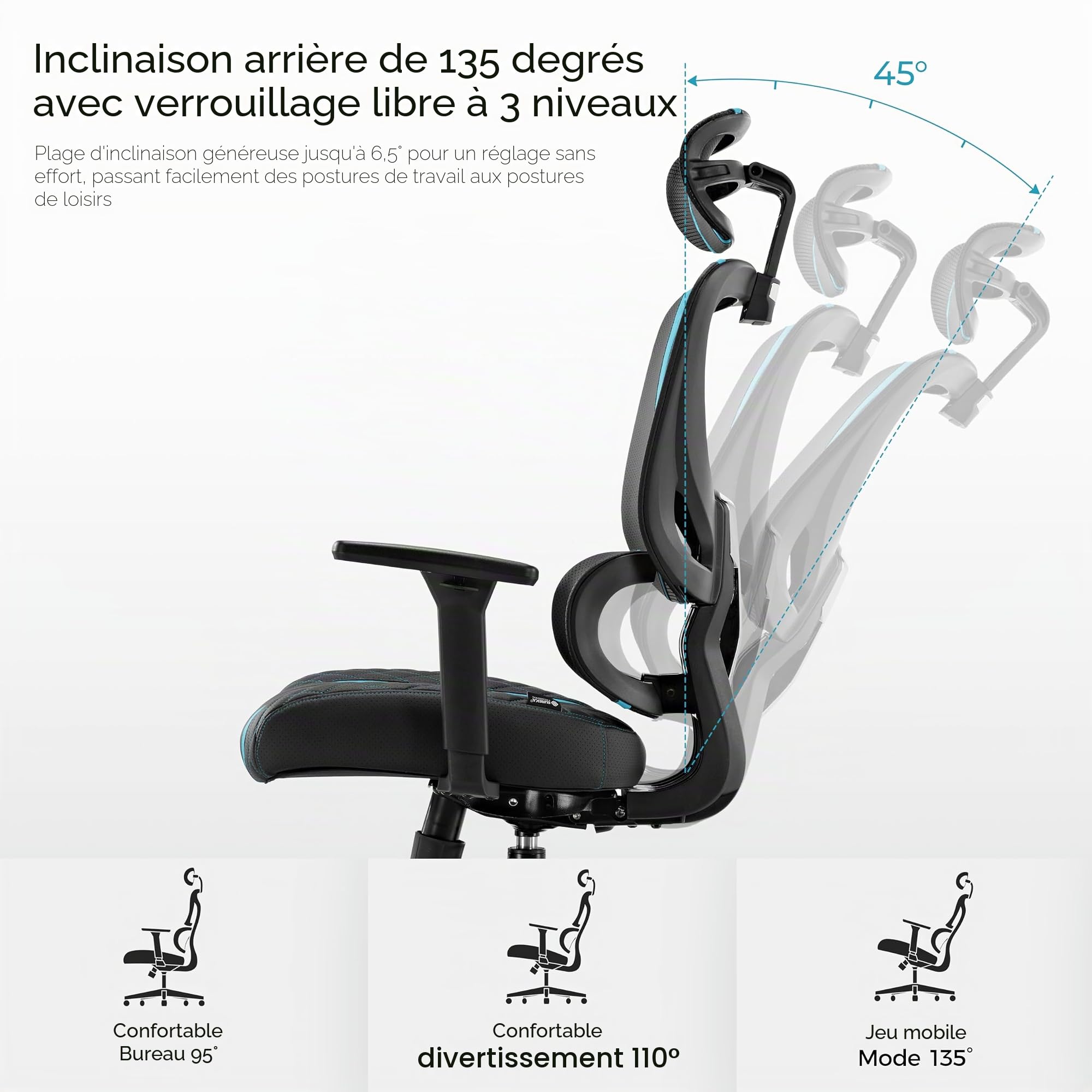 EUREKA ERGONOMIC Chaise Gaming, Chaise Ergonomique Fauteuil de Bureau en Maille Hauteur Réglable Chaise Gamer avec Dossier Inclinable/Accoudoirs Réglables 3D / Coussin Appui-tête Réglable