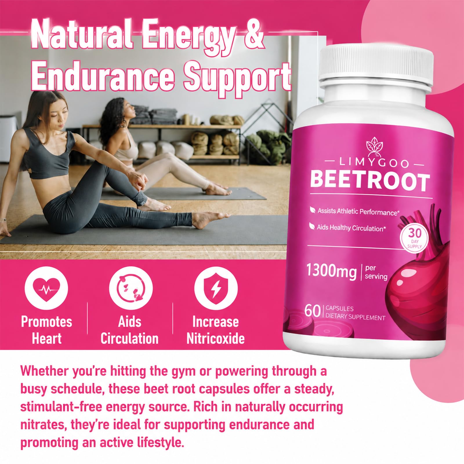 Beet Root Capsules – 1300mg Beetroot Powder for Natural Energy & Endurance Support, Non-GMO, 60 Capsules, 30-Day Supply (1pc) — Amazon image 6