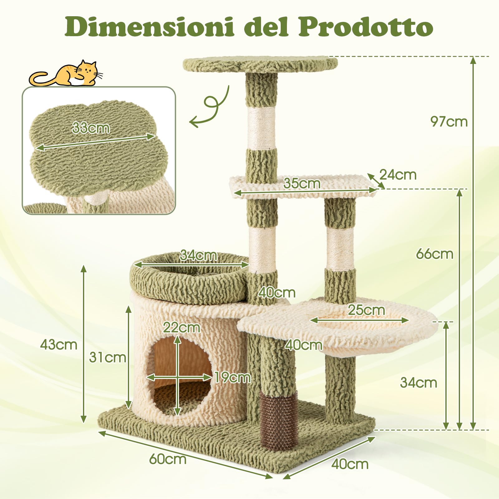 COSTWAY Tiragraffi per Gatto Alto 100 cm, Albero Tiragraffi Gatto con 3 Pali in Sisal, 4 Piattaforme e Grotta, Cuccia Albero Gatto Rivestito in Peluche, Verde e Bianco