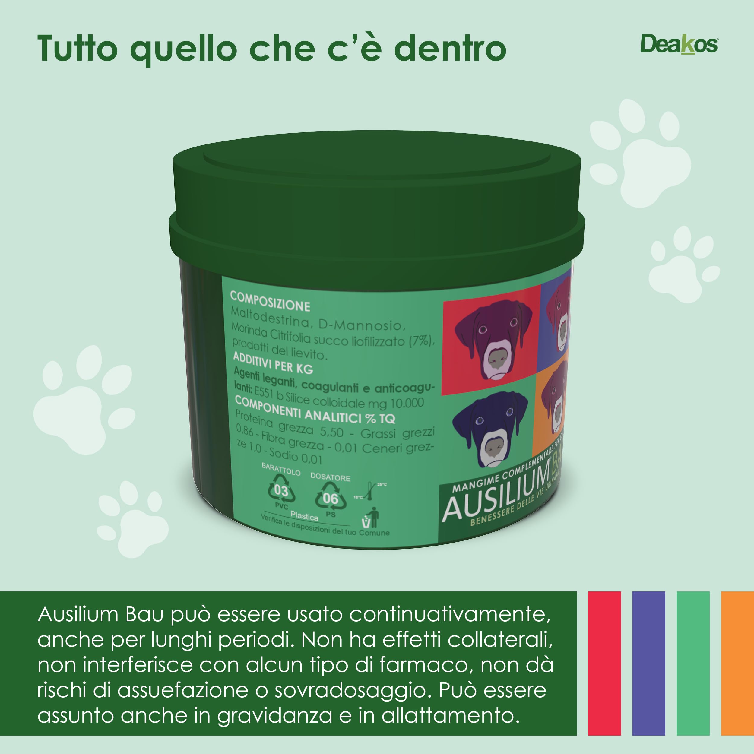 Deakos Ausilium Bau in Polvere 100g - Integratore Cane per il Benessere delle Vie Urinarie - Con D-Mannosio Puro e Morinda Citrifolia - Integratore per cani Senza Glutine e Lattosio
