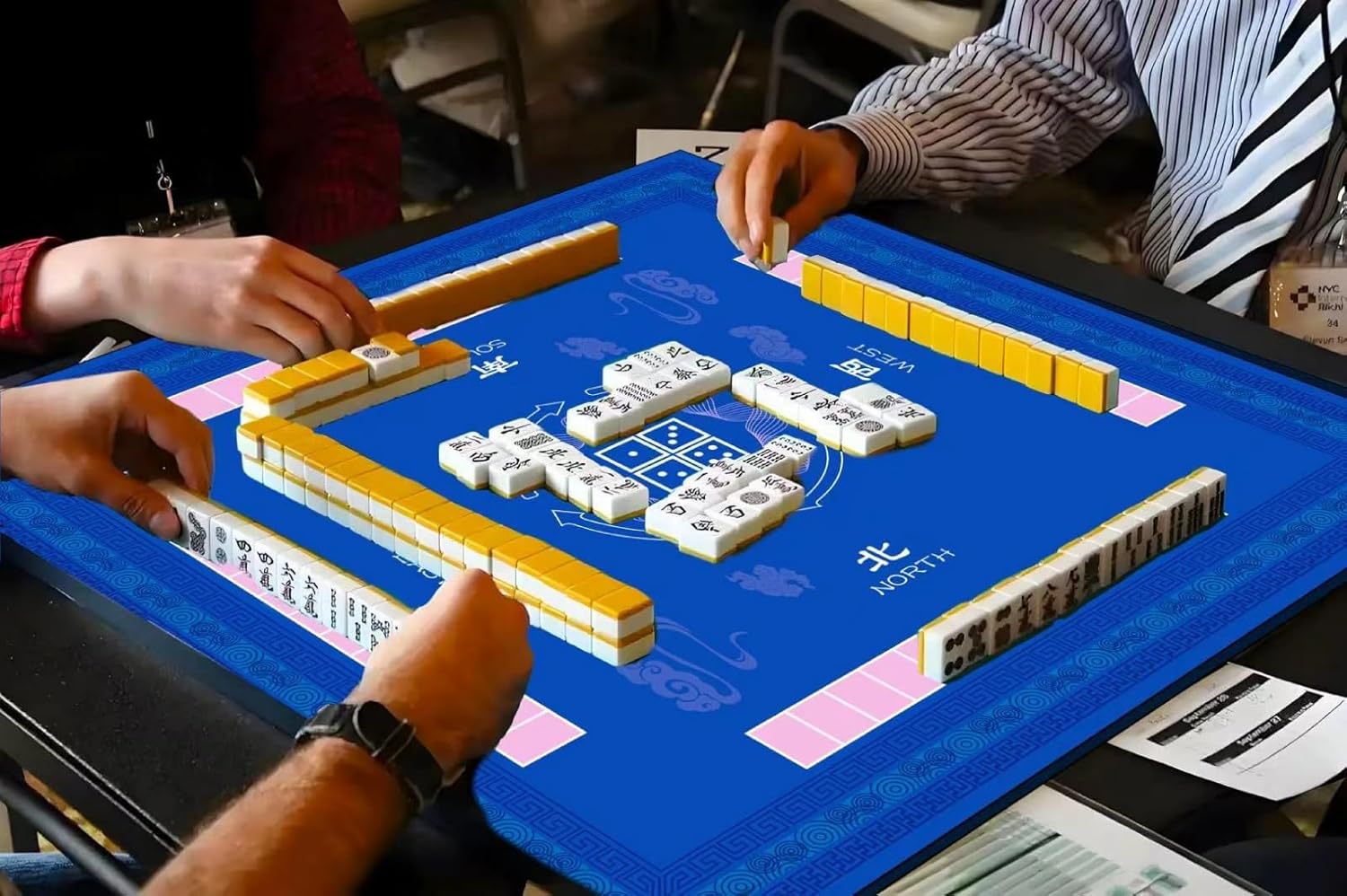 32x32 Inch Mahjong Mat - Non-Slip Noise Reduction Gaming Mat, Foldable Soft Elastic Rubber Base with Sealed Edges, Includes Portable Carry Bag - for Mahjong/Poker/Board Games (Blue)
