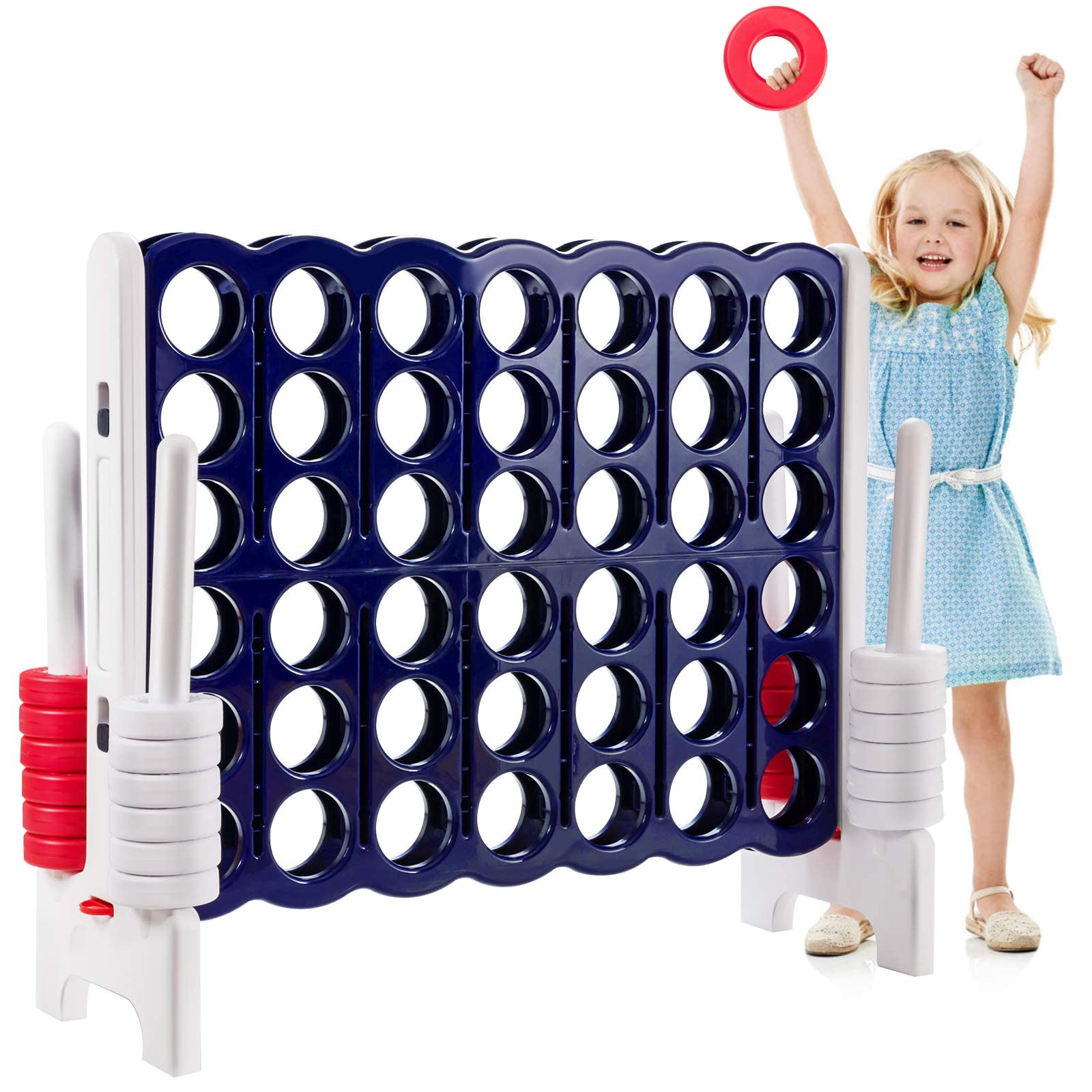 GYMAX Gioco a Terra di 4 in Linea, Grande Gioco della Strategia di Forza 4 con 42 Scacchi, per Bambini, Adulti, Gioco di Società per Riunioni di Famiglia, 120 x 42 x 104 cm (Grigio+Blu)