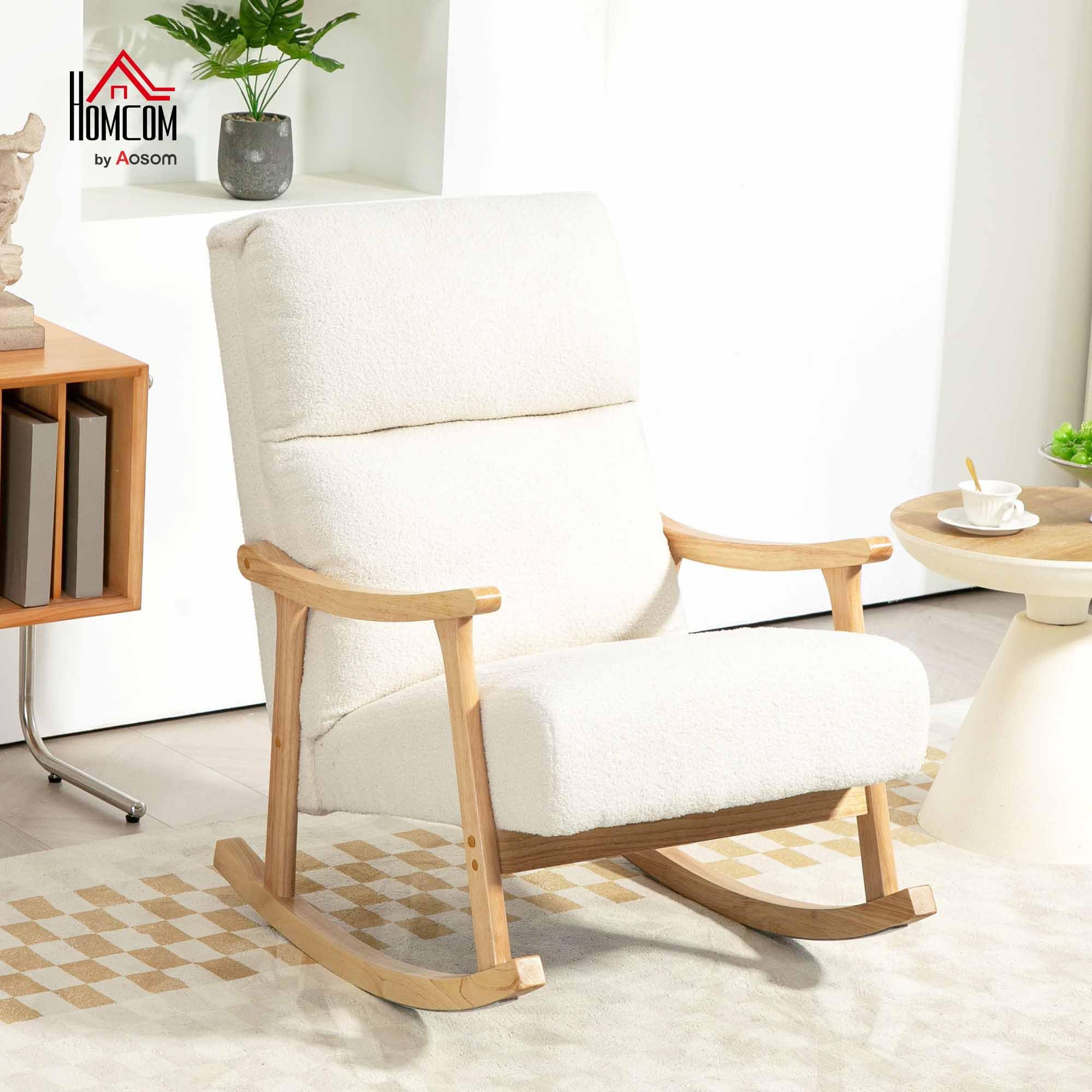 HOMCOM Silla Mecedora de Borreguito Moderna, Mecedora con Patas y Reposabrazos de Madera de Caucho, Respaldo Alto, Carga 120 kg, para Dormitorio, Salón, Crema