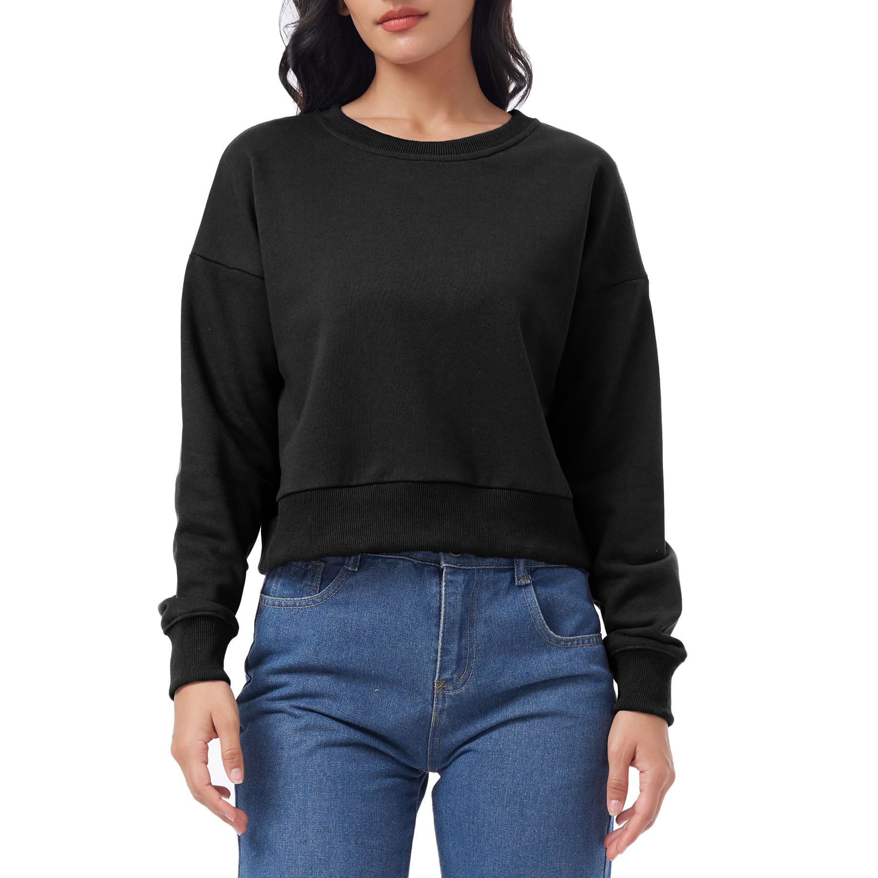 Amazhiyu Women's Cropped Sweatshirt French Terry Crew Neck Long Sleeve Pullover