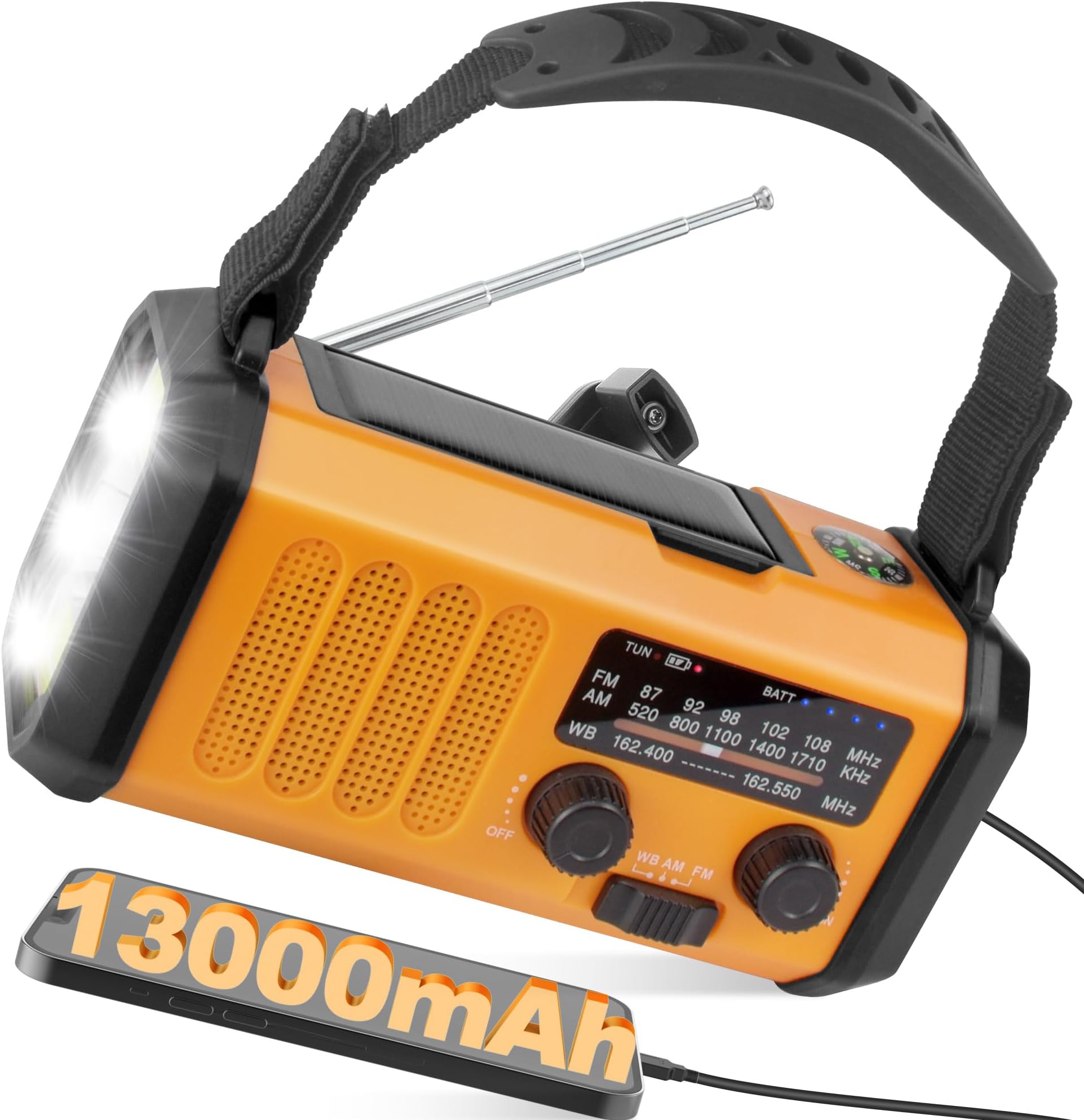 48100mWh/13000mAh Emergency Weather Radio, 4 Way Powered AM/FM/NOAA ...