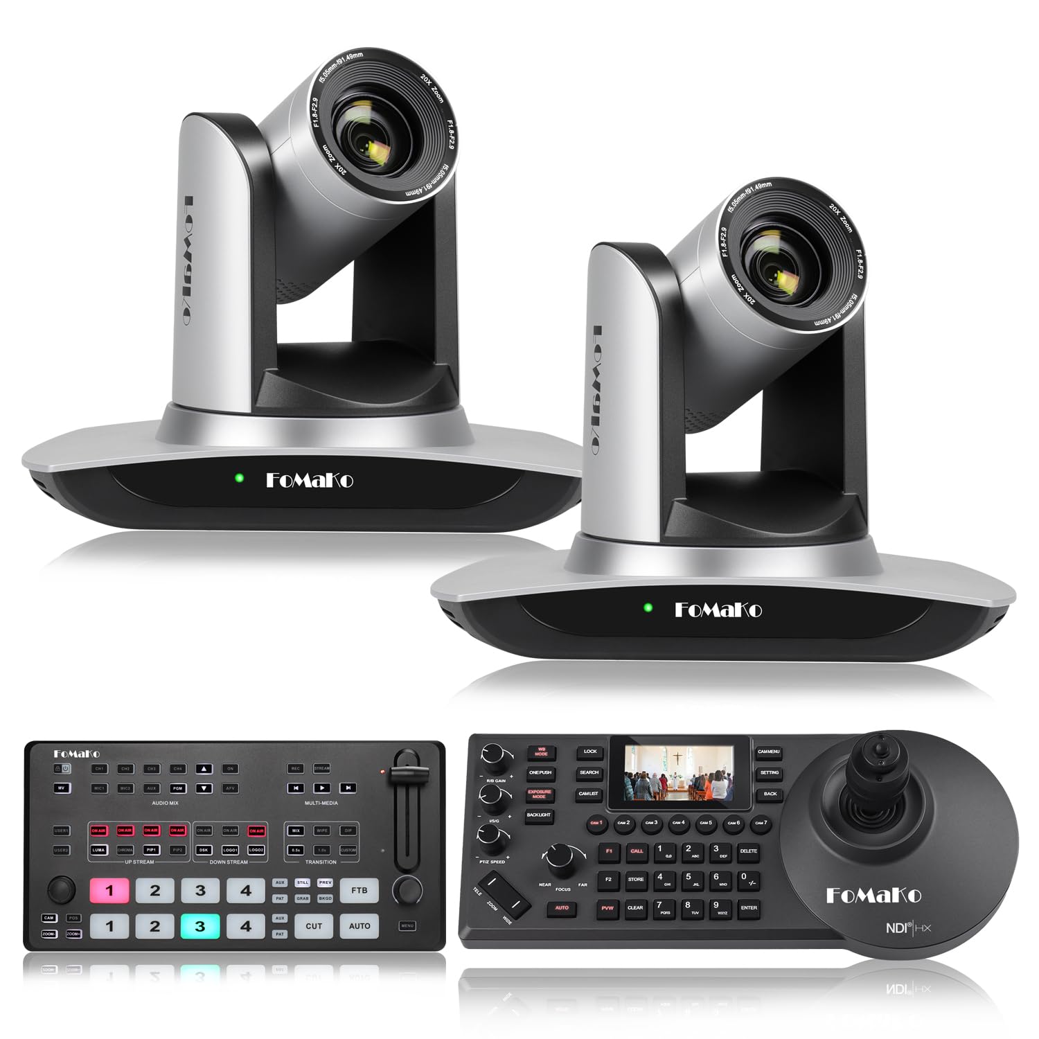 FoMaKo AI Auto Tracking HDMI PTZ Camera, 20x Optical Zoom(2pcs), KC608 Pro PTZ Conroller, M1 Video Mixer Switcher, for Church Services Worship Education,PTZ Bundle(FMK12UH X2+M1+KC608 Pro)