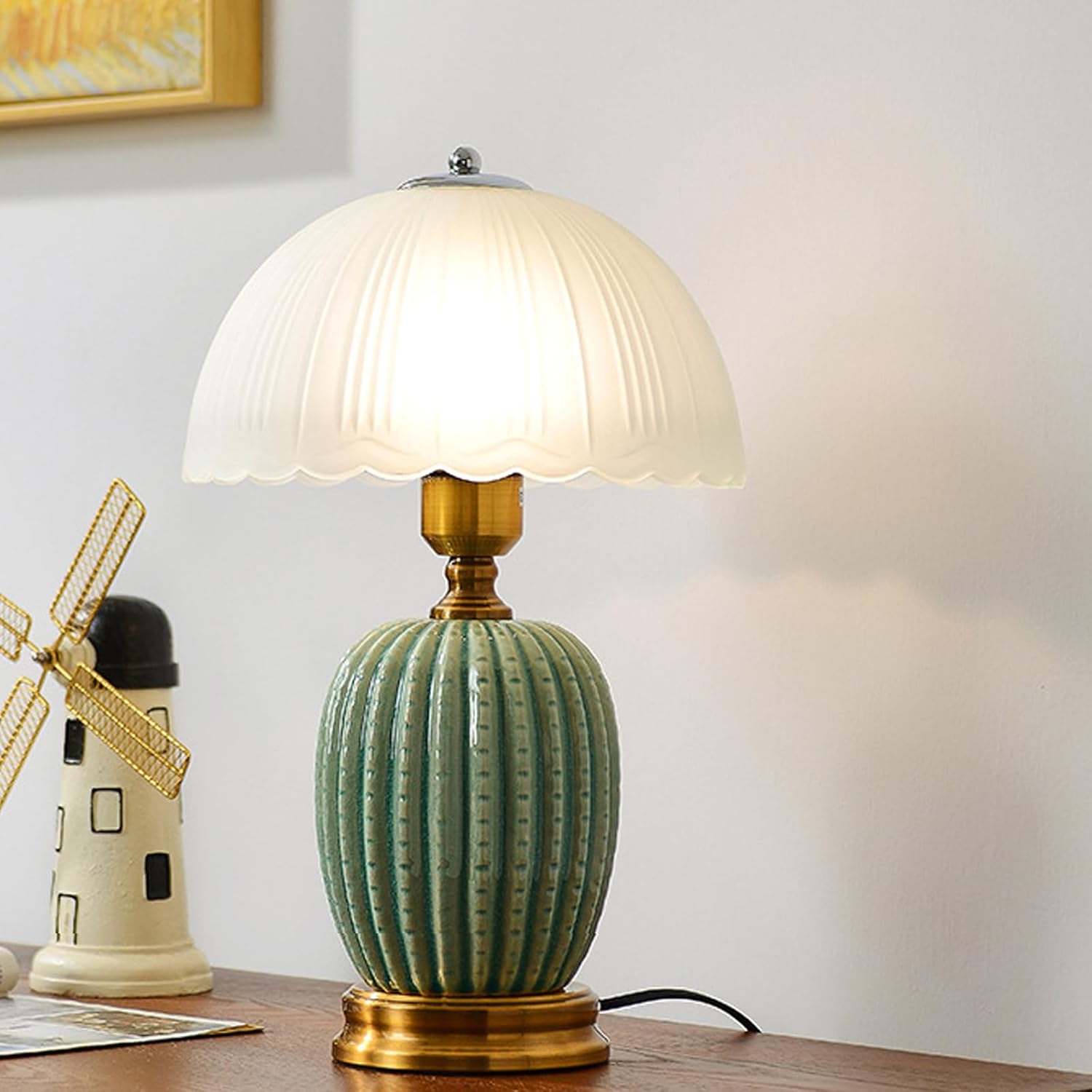 18" White Shade Modern Bedside Desk Lamps with 3 Way Dimmable Lamp Green Ceramic Table Lamp for Unique Gifts RoomHome Office Decor