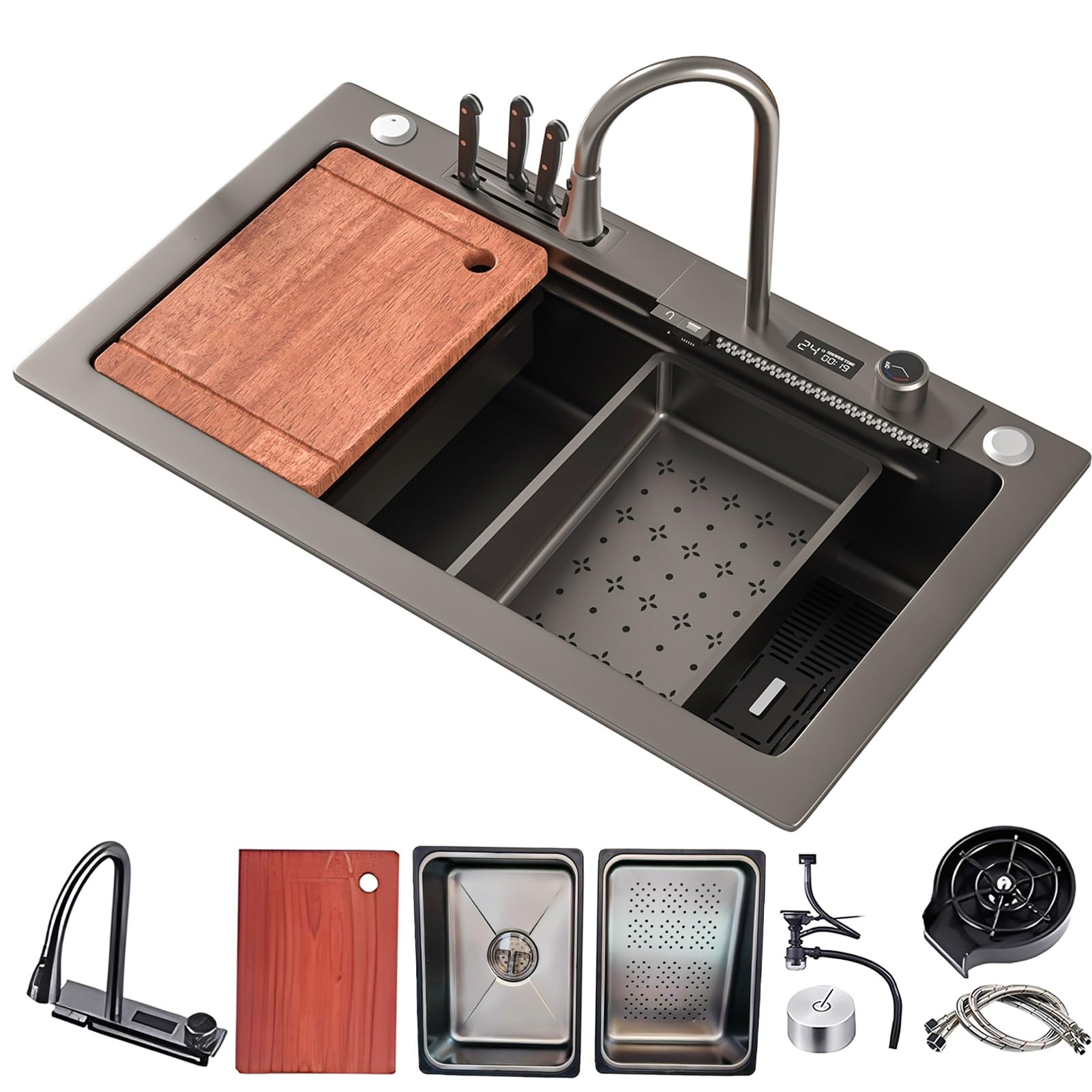 Fregadero de cascada negro de 75x45 cm con indicador de temperatura para cocina