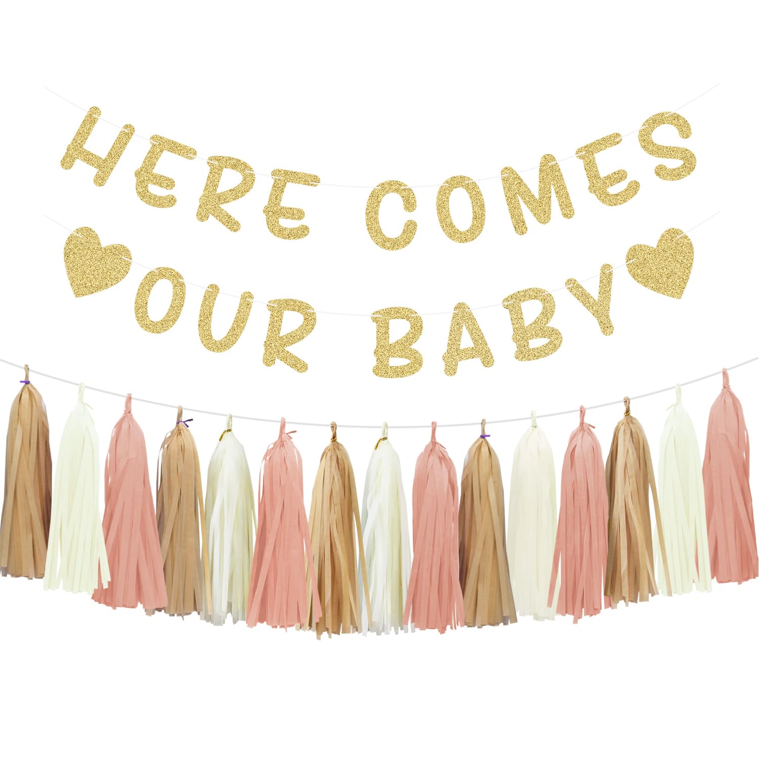 AonorHere Comes Our Baby Banner and Retro Pink Tassel Garland for Boho Baby Shower Decorations