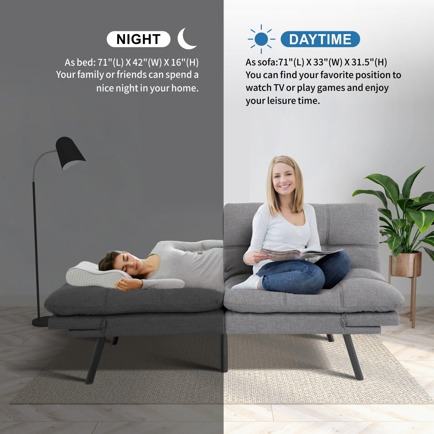 MUUEGM Futon Couch Convertible Memory Foam Sleeper Futon Sofa Bed ...