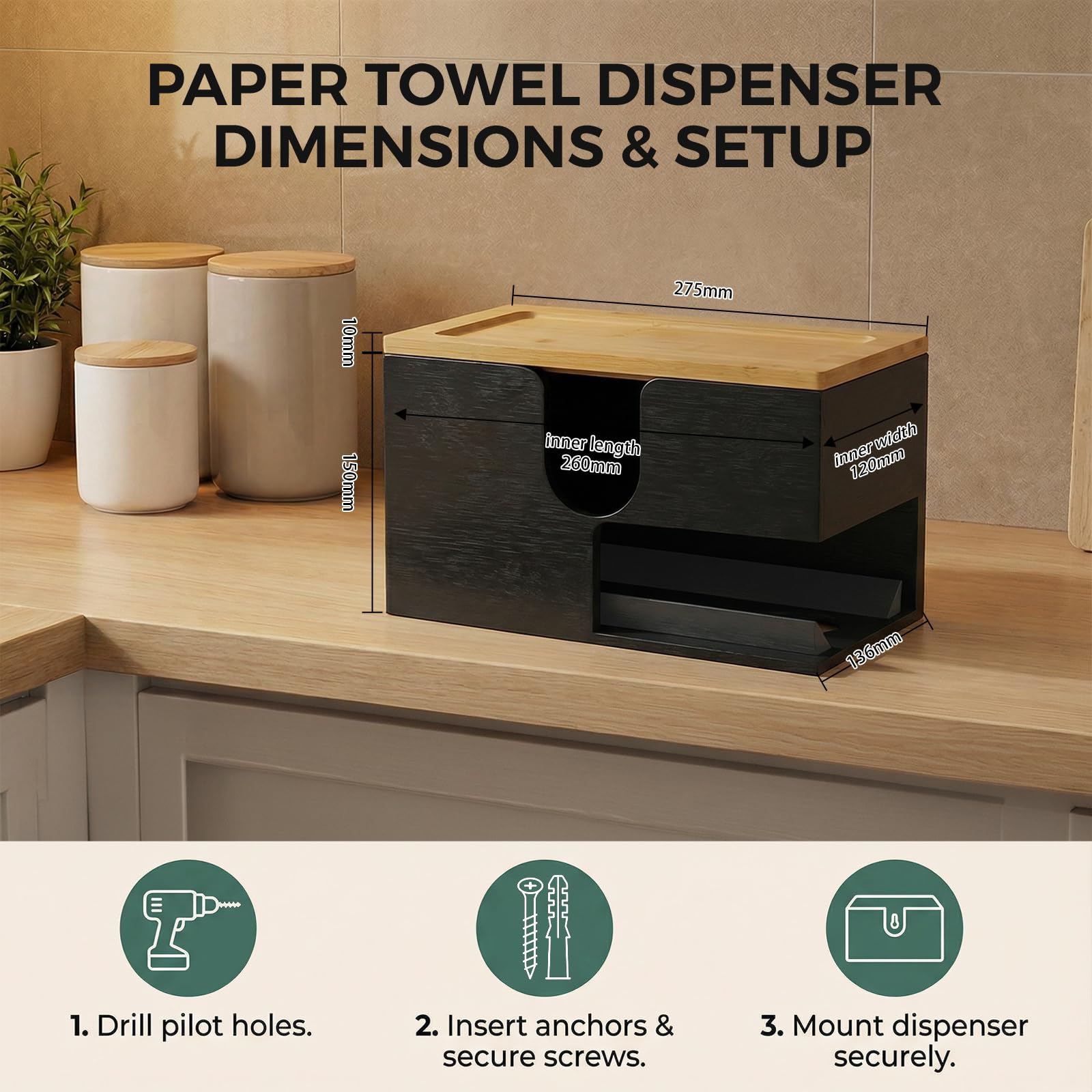 Distributore di salviette di carta in bambù - Per uso a parete o su tavolo - 27,5 x 16 x 13 cm - Con coperchio magnetico - Per asciugamani piegati a V/C/Z, per Cucina, Bagno - Nero